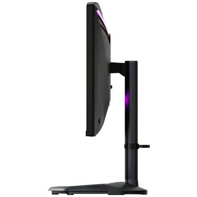 Seitenansicht eines modernen Computerbildschirms auf einem höhenverstellbaren Standfuß, mit einem schlanken Design und LEDs hinten.