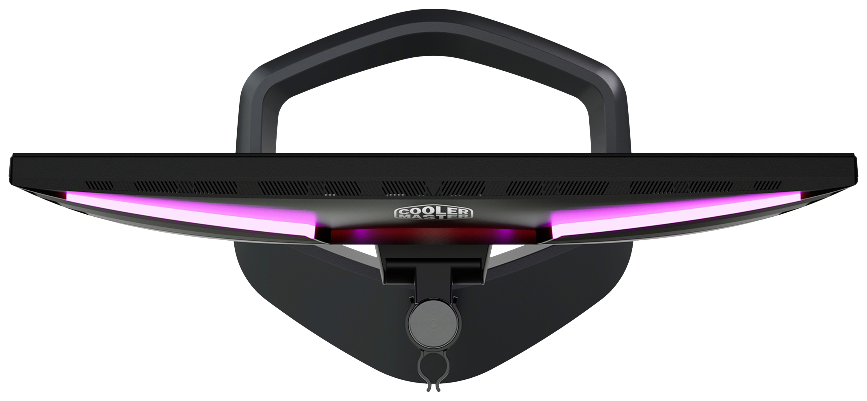 Der Monitor zeigt eine LED-beleuchtete Rückseite mit einem futuristischen Design und einem sichtbaren Markenlogo.
