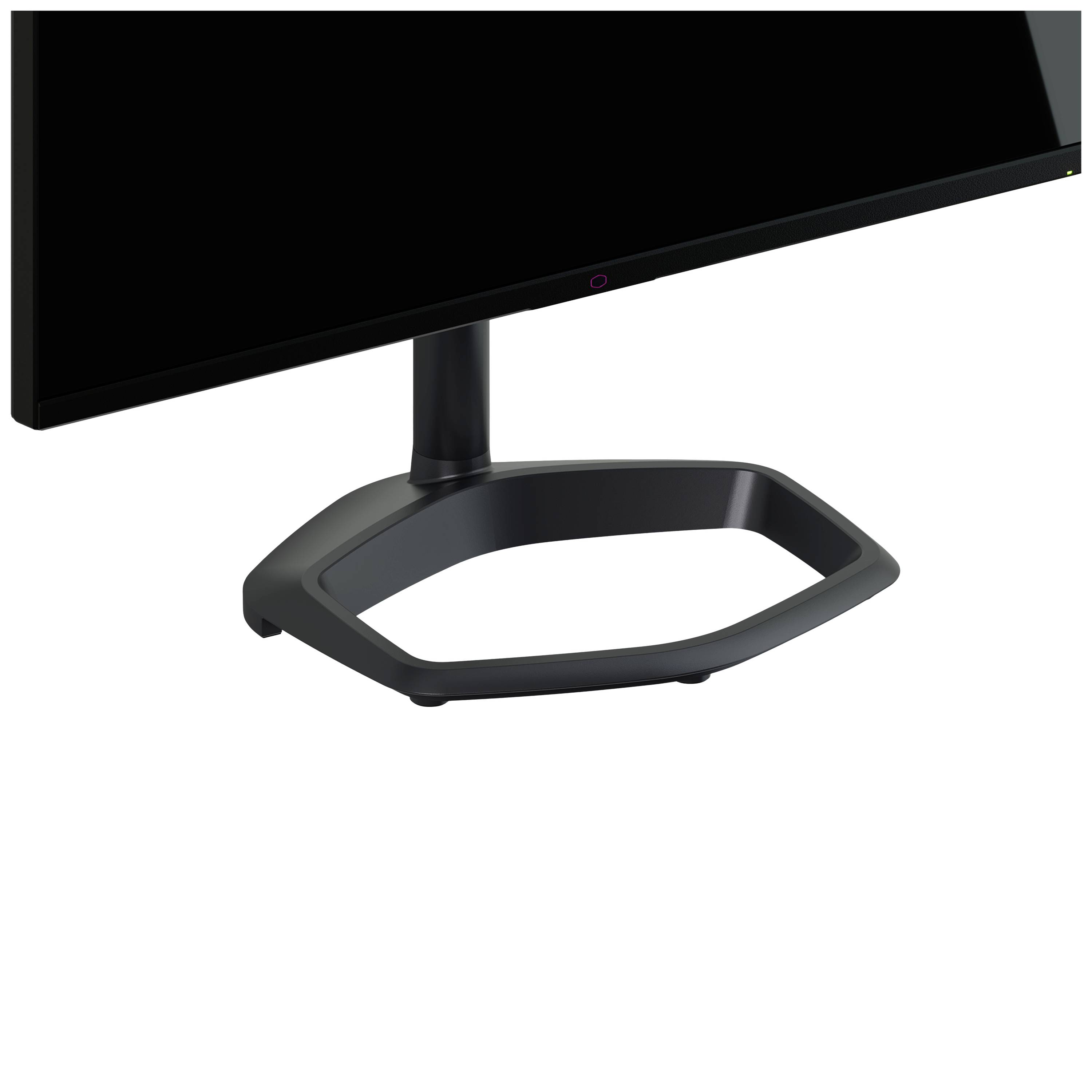 Ein schlanker, moderner Computermonitor mit schwarzem Rahmen und stabilem, ovalem Standfuß, auf einem weißen Hintergrund.
