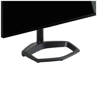 Ein schlanker, moderner Computermonitor mit schwarzem Rahmen und stabilem, ovalem Standfuß, auf einem weißen Hintergrund.