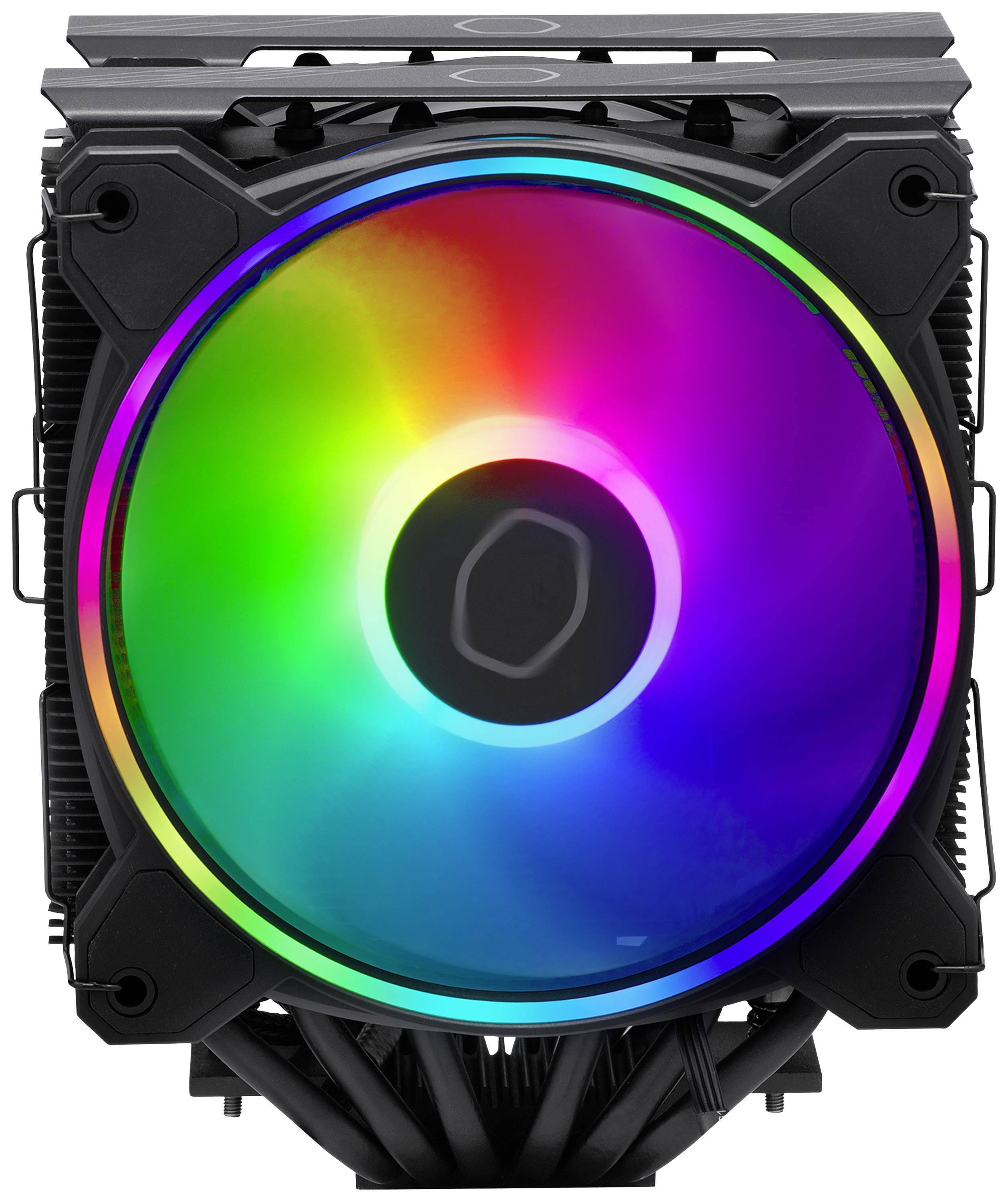 Ein Computer-Kühler mit einem großen, leuchtenden RGB-Lüfter. Der Lüfter zeigt verschiedene Farben im Spektrum und sorgt für Kühlung.