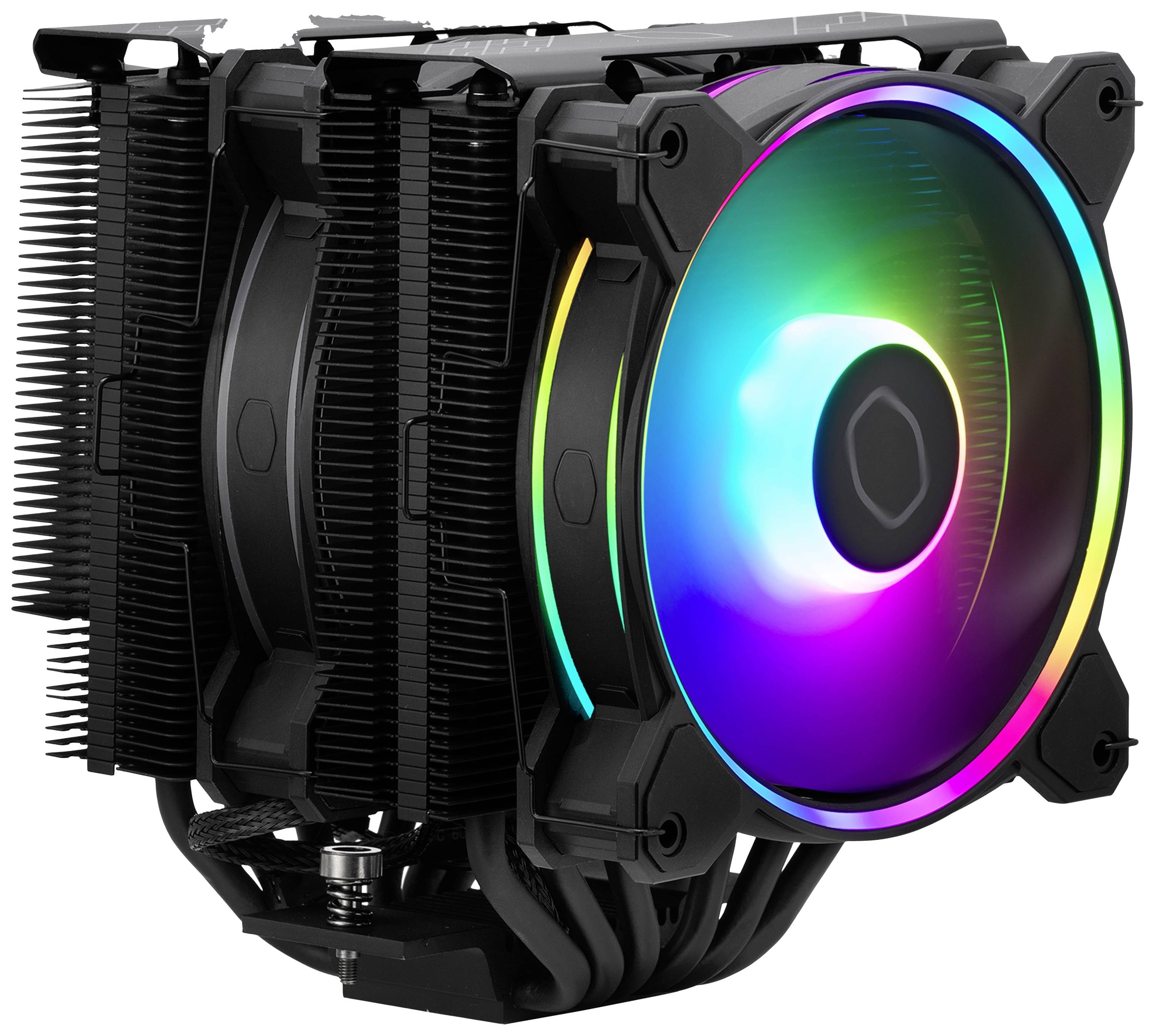 Ein schwarzer CPU-Kühler mit großen Kühlrippen und einem leuchtenden RGB-Lüfter; zeigt modernes PC-Hardware-Design.