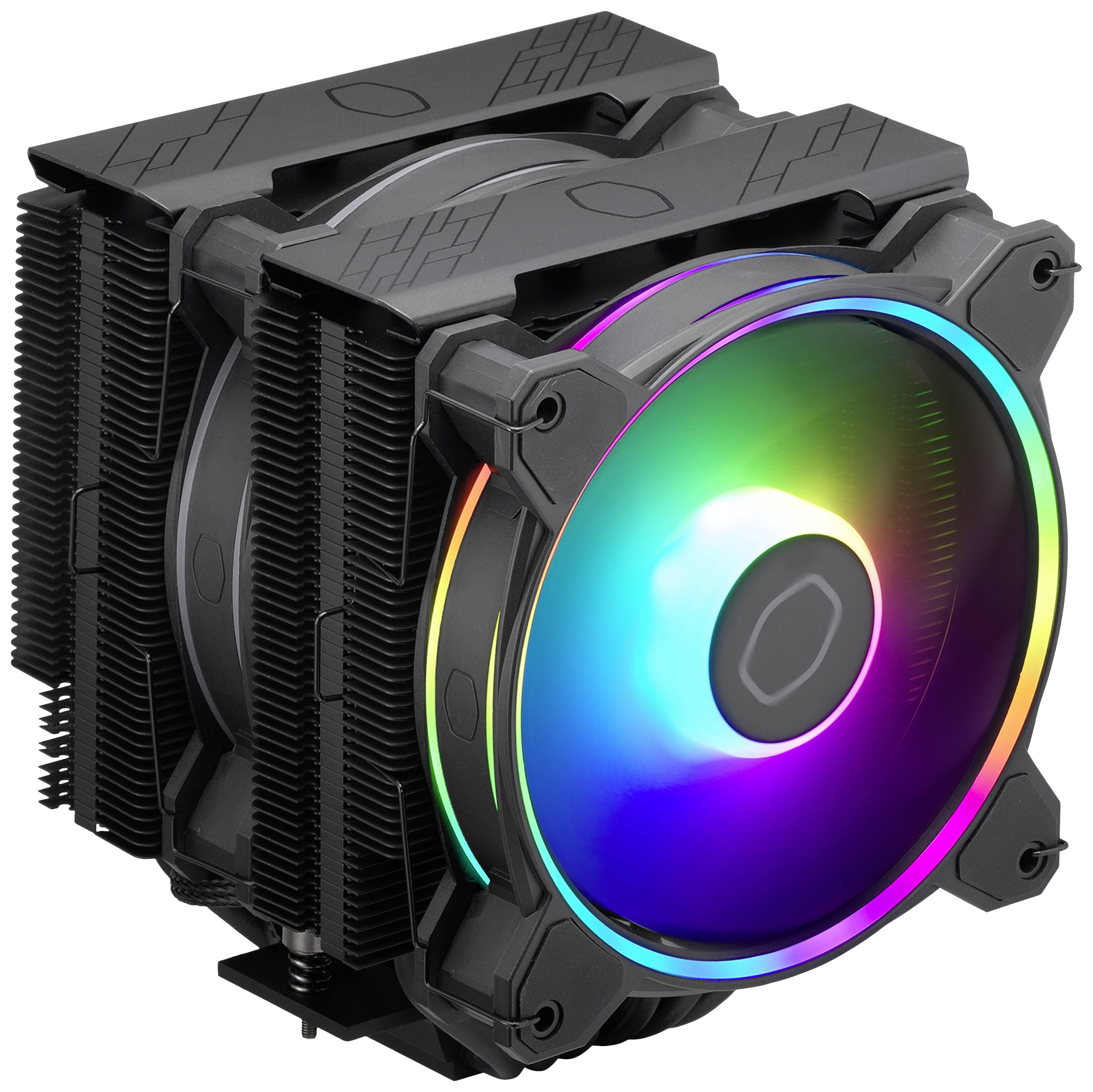 Ein schwarzer CPU-Kühler mit zwei Lüftern, die Regenbogen-LED-Beleuchtung haben, ist von der Seite sichtbar.