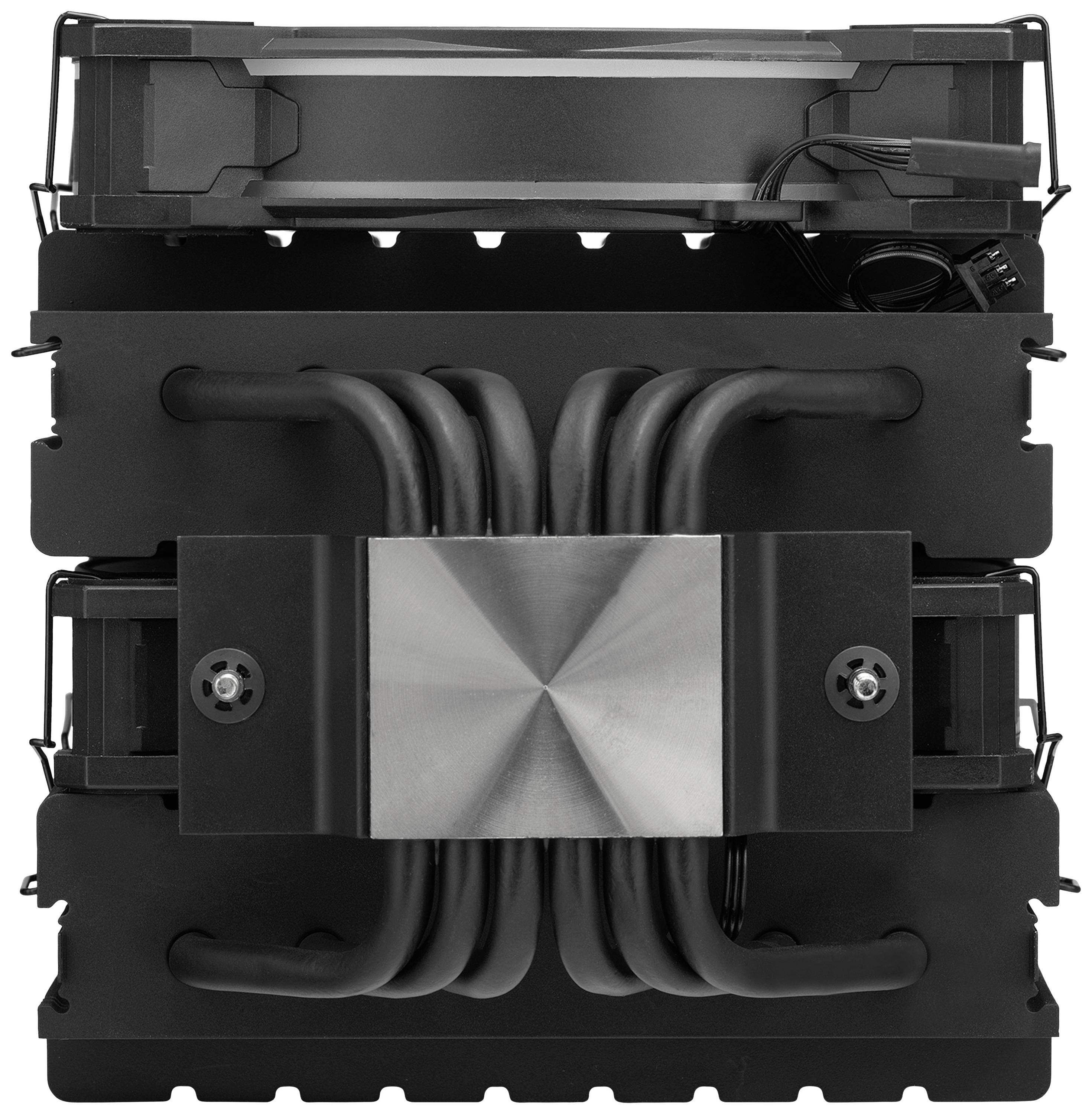 Ein CPU-Kühler mit mehreren Lüftungsschächten und acht Heatpipes zur Wärmeabfuhr. Kabel sind an der Seite sichtbar.