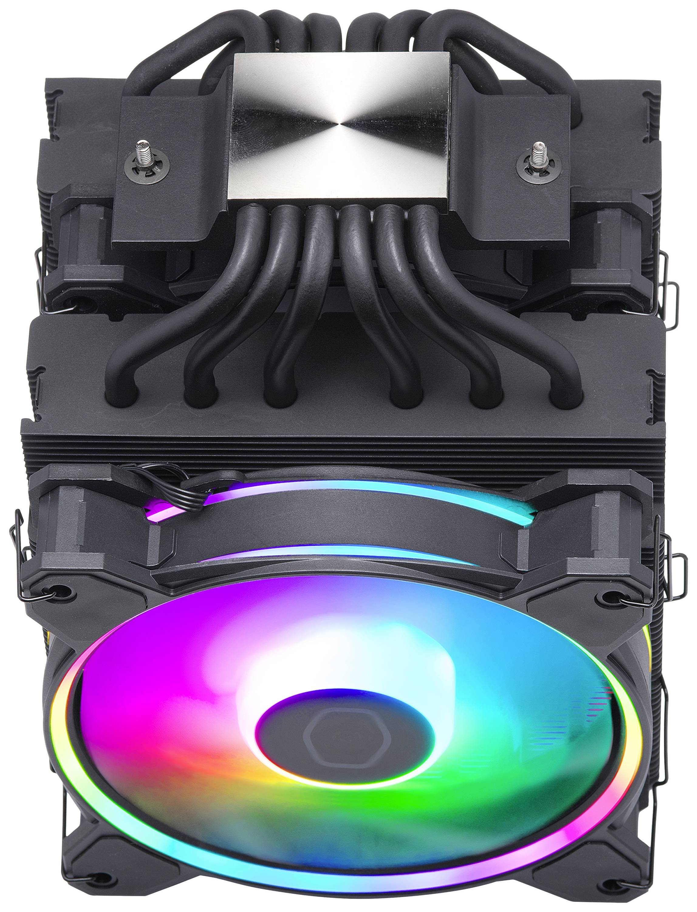 Großer CPU-Kühler mit einem leuchtenden LED-Lüfter in Regenbogenfarben und mehreren Heatpipes zur Kühlung von Computerprozessoren.
