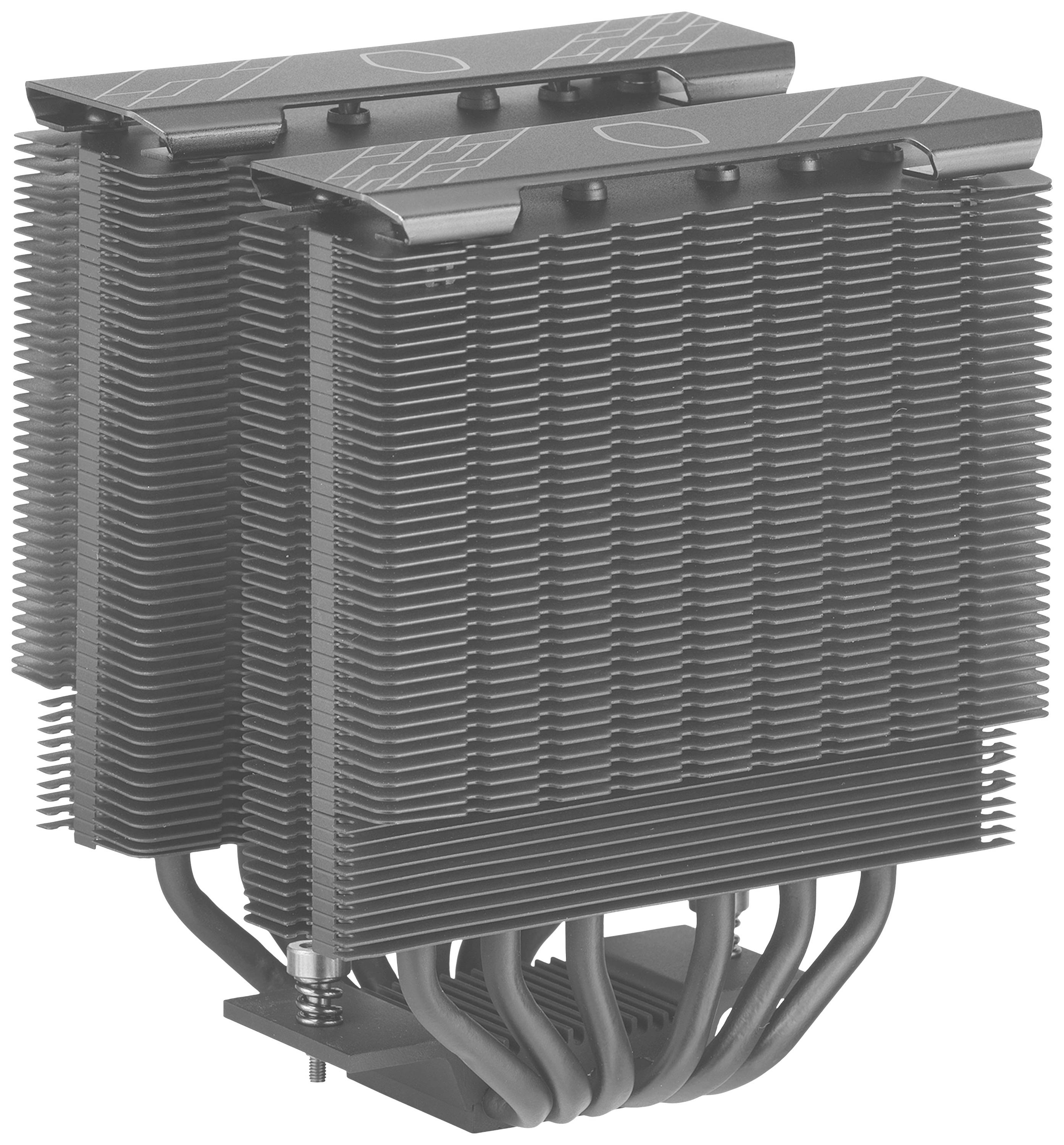 Großer CPU-Kühler mit zwei Aluminium-Kühlkörpern und sechs Heatpipes für effiziente Wärmeableitung.
