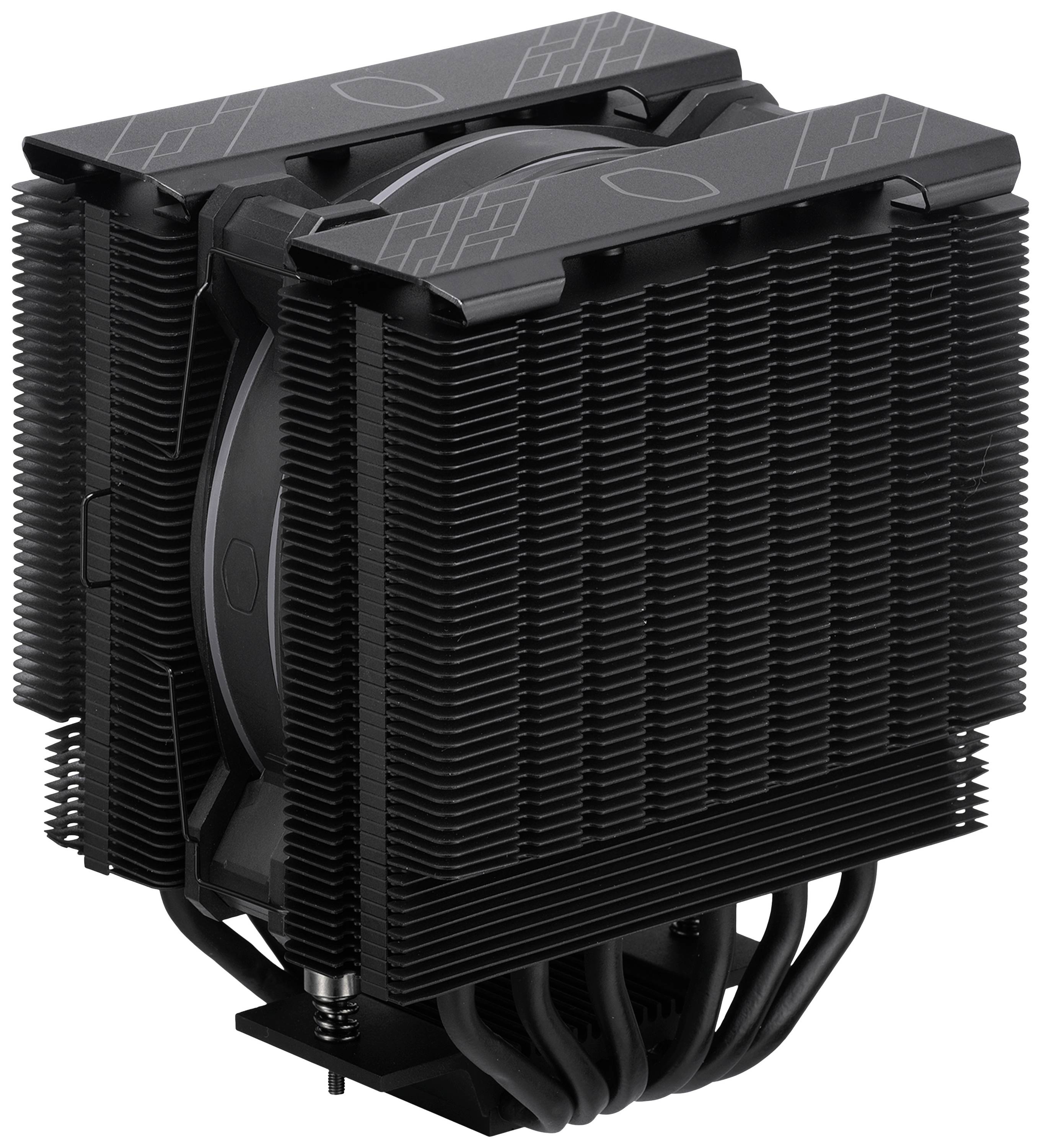 Schwarzer CPU-Kühler mit vertikalen Kühlrippen und zwei Lüftern, geeignet für PC-Hardware-Kühlung.