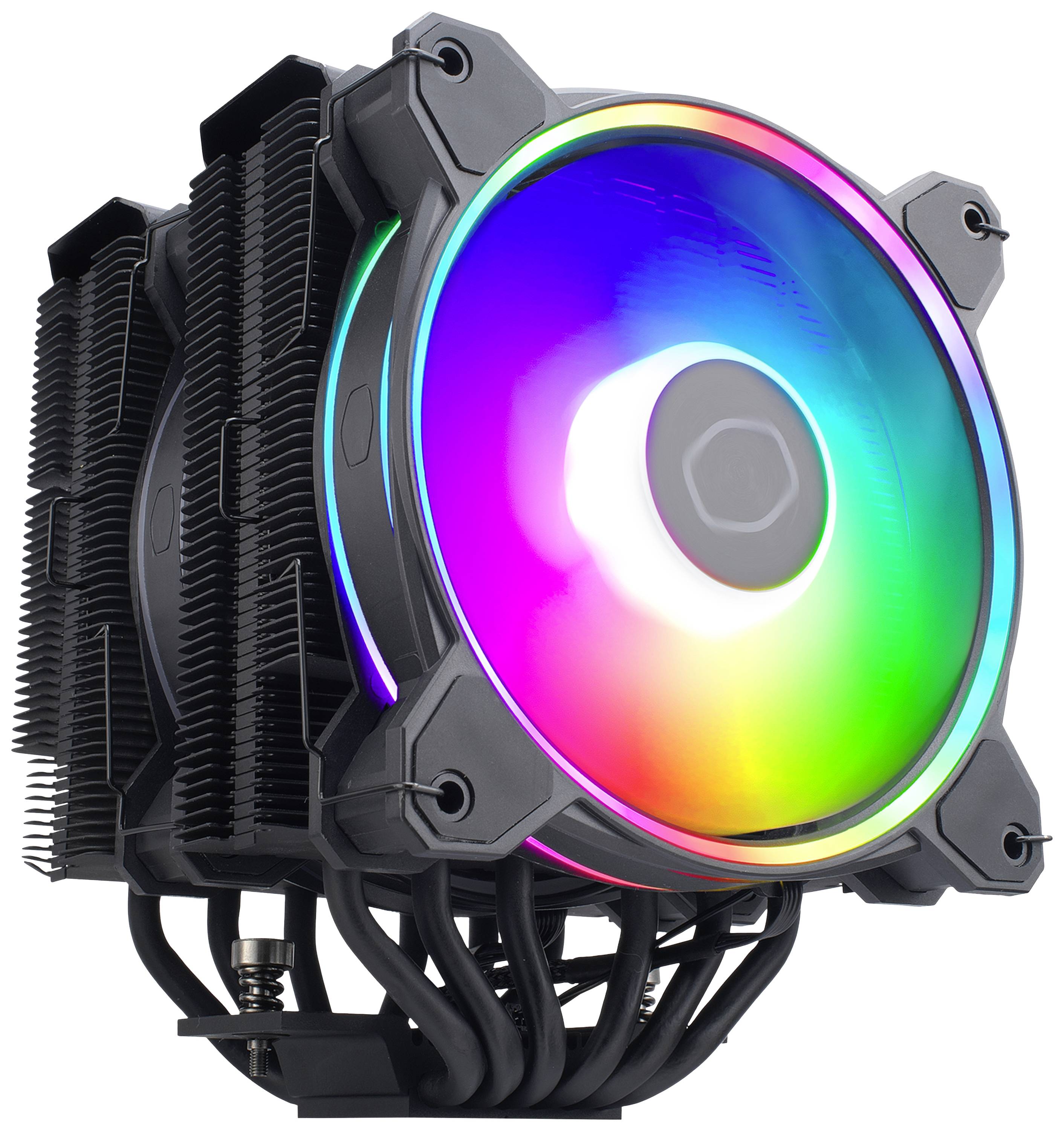 CPU-Kühler mit RGB-Lüfter, schwarzem Kühlkörper, mehreren Heatpipes; sorgt für effiziente Wärmeableitung und visuelle Effekte.