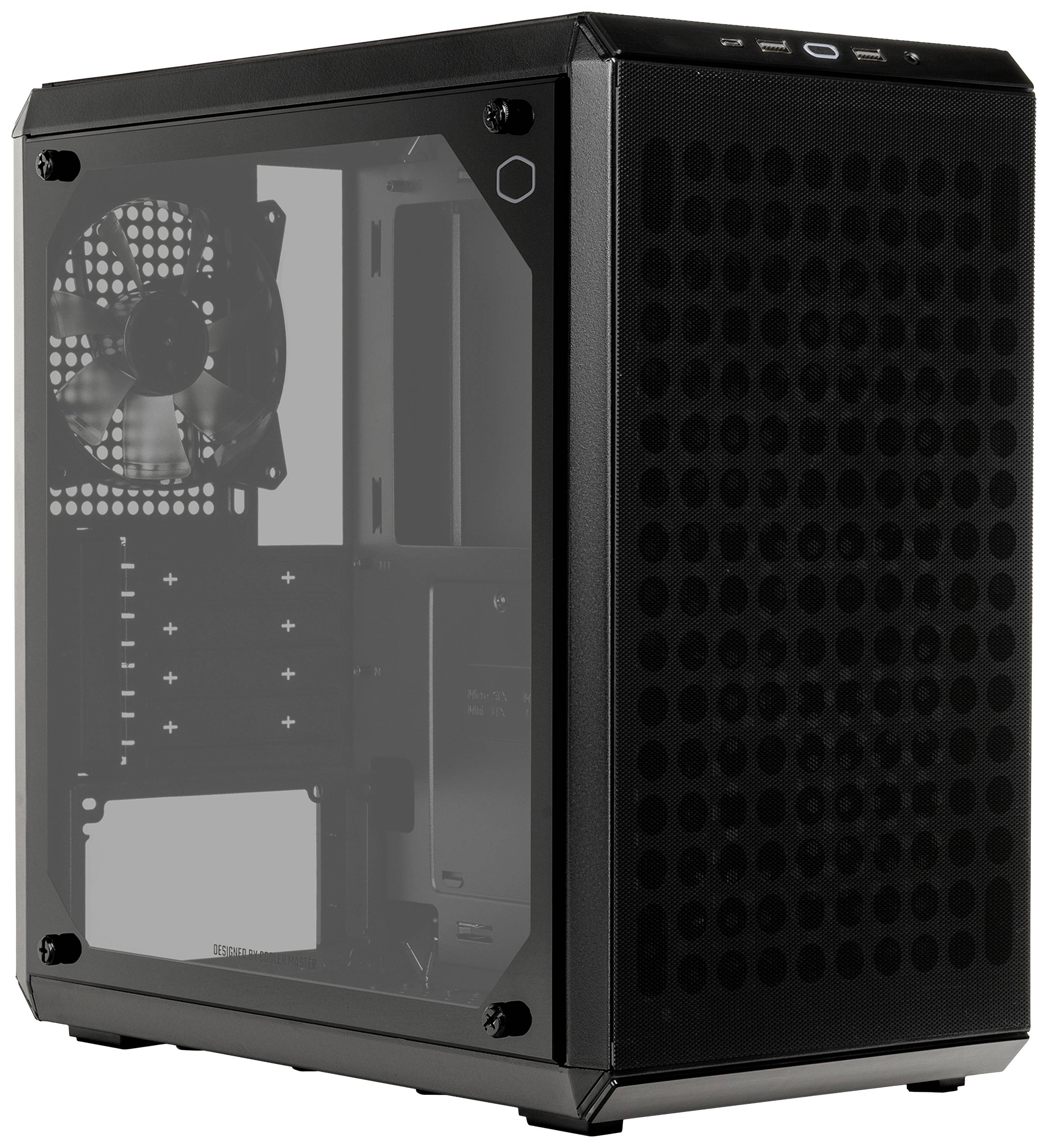 Ein schwarzes Computergehäuse mit transparentem Seitenteil und Ventilator auf der Rückseite.