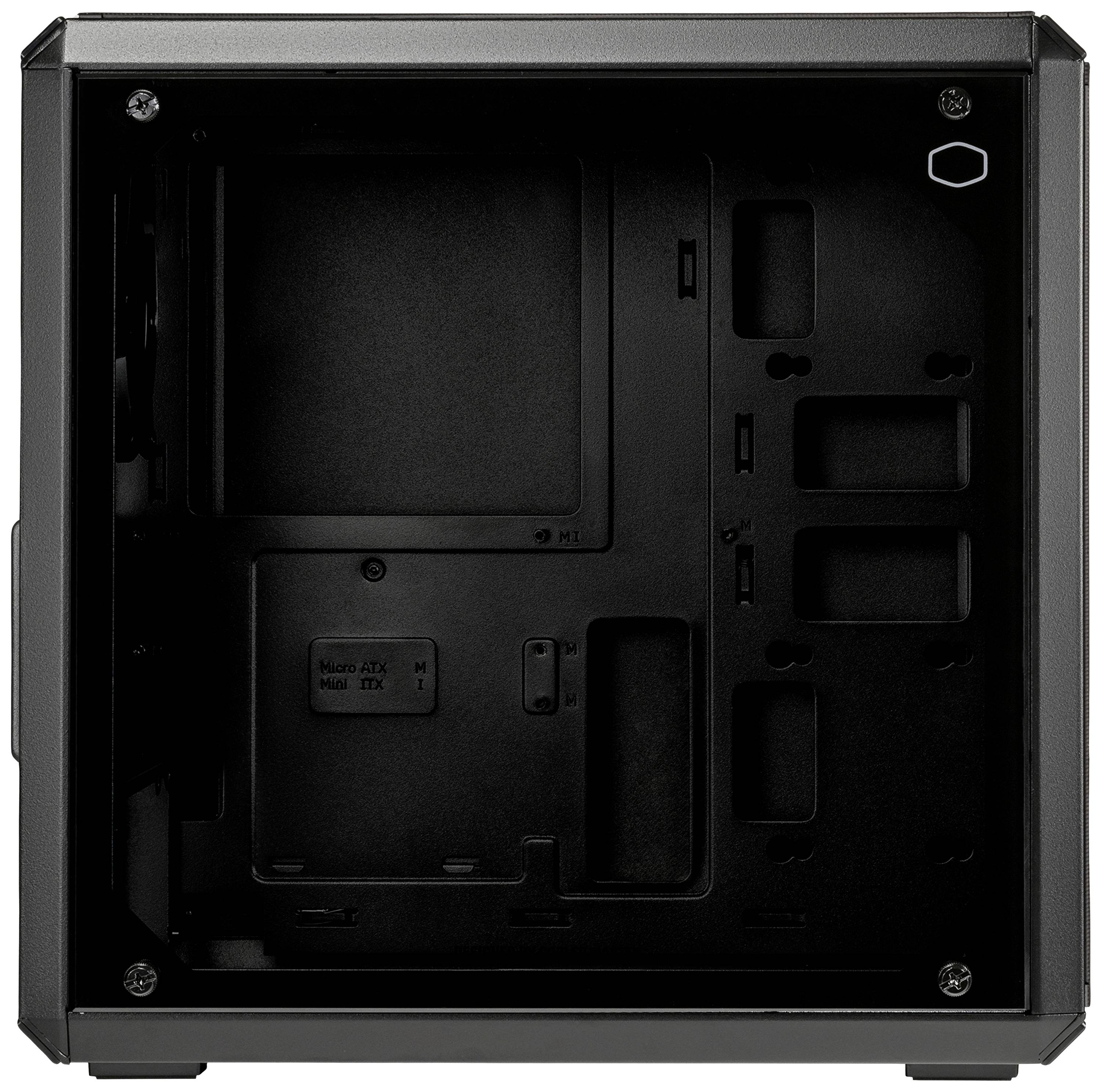 Ein leerer Computergehäuse-Innenraum, schwarz, mit montierbarer Halterung für Motherboard und Steckplätze für optische Laufwerke.