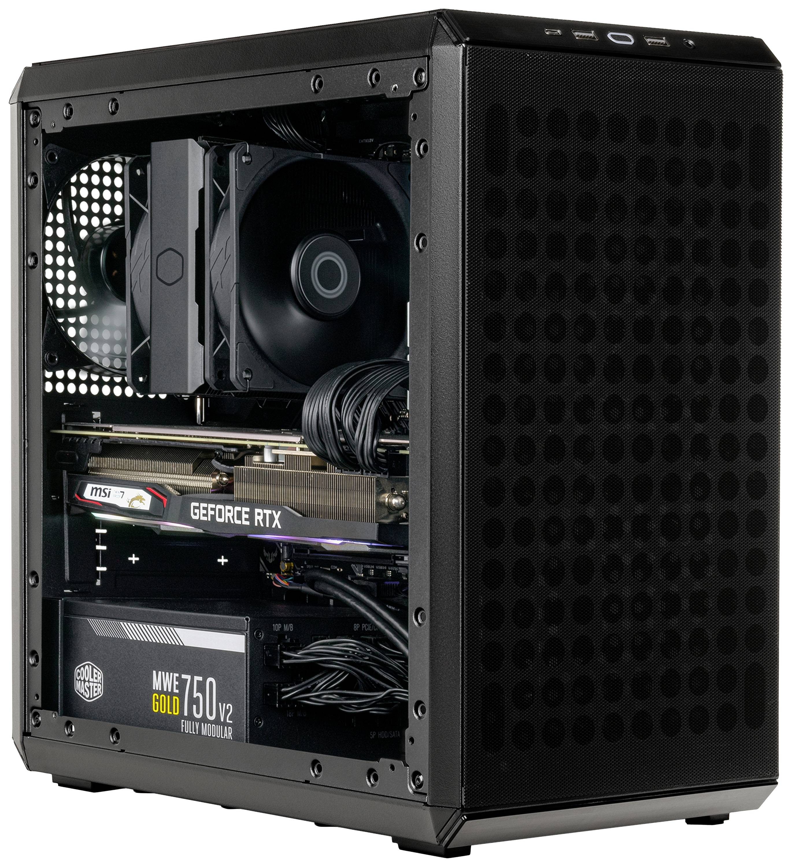 Ein geöffneter Computerturm mit sichtbarer Hardware, einschließlich einer Grafikkarte, Netzteil und Lüfter, zeigt die interne Struktur.