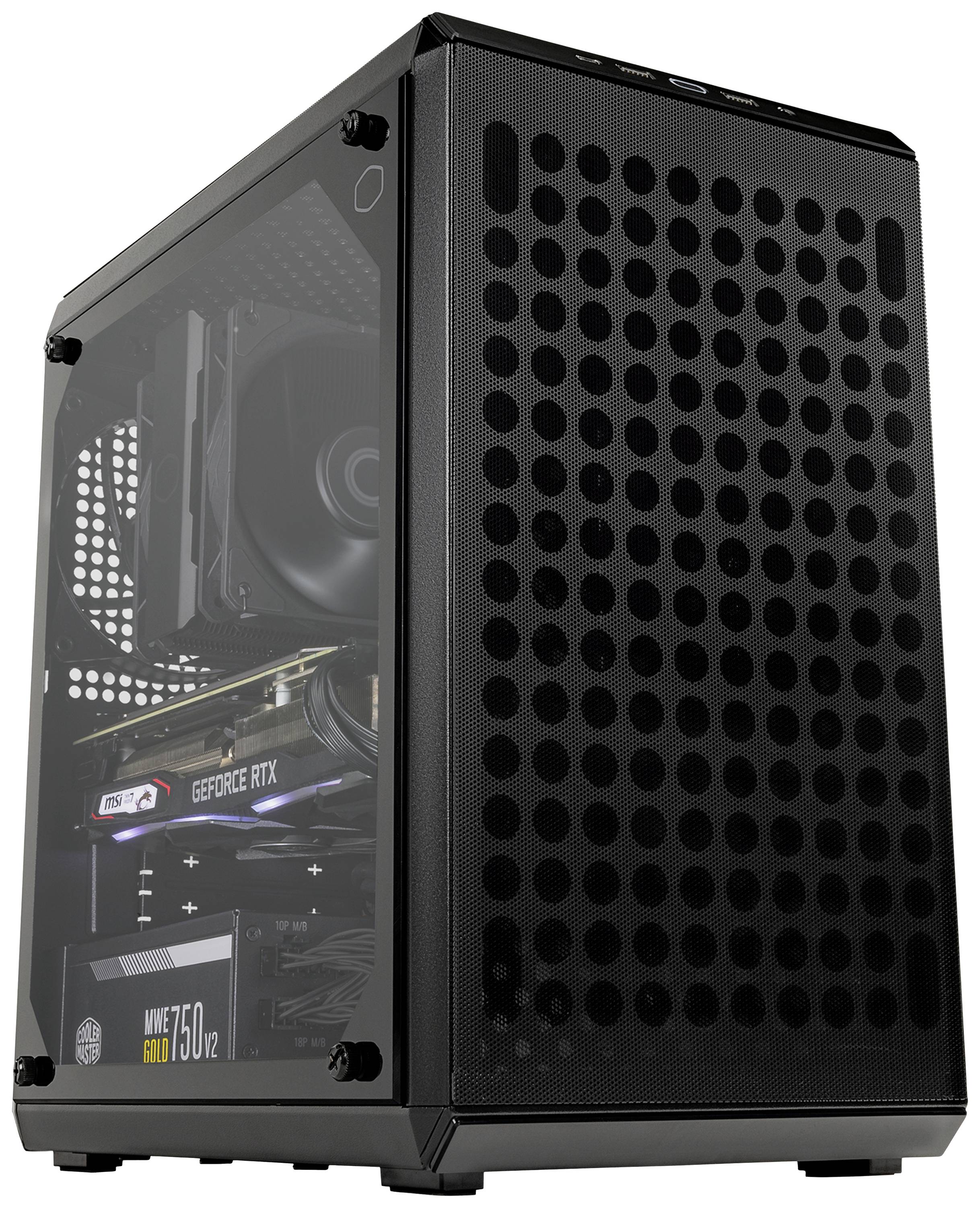 Ein schwarzes PC-Gehäuse mit durchsichtigem Seitenteil zeigt interne Komponenten wie eine Grafikkarte und einen Kühlkörper.