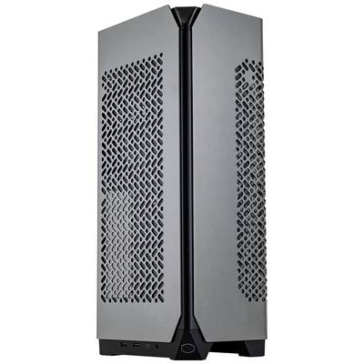 Ein moderner Computergehäuse-Tower mit grauem Metallfinish und seitlichen Belüftungsöffnungen.