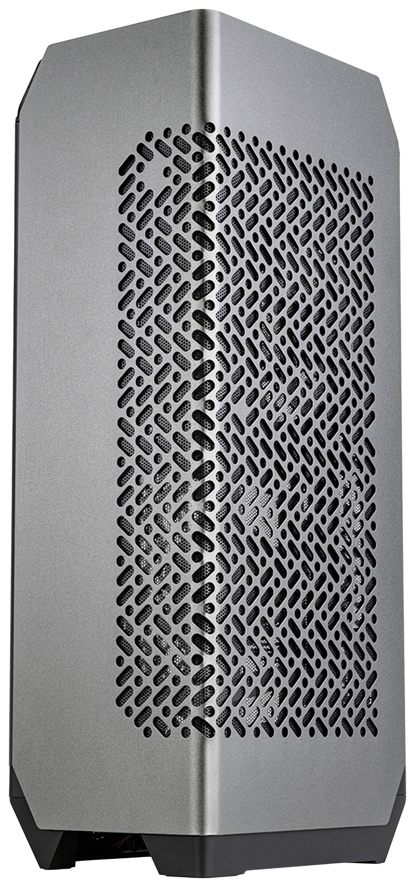 Ein silbernes PC-Gehäuse mit einem perforierten Gitter an der Seite für Luftzirkulation.