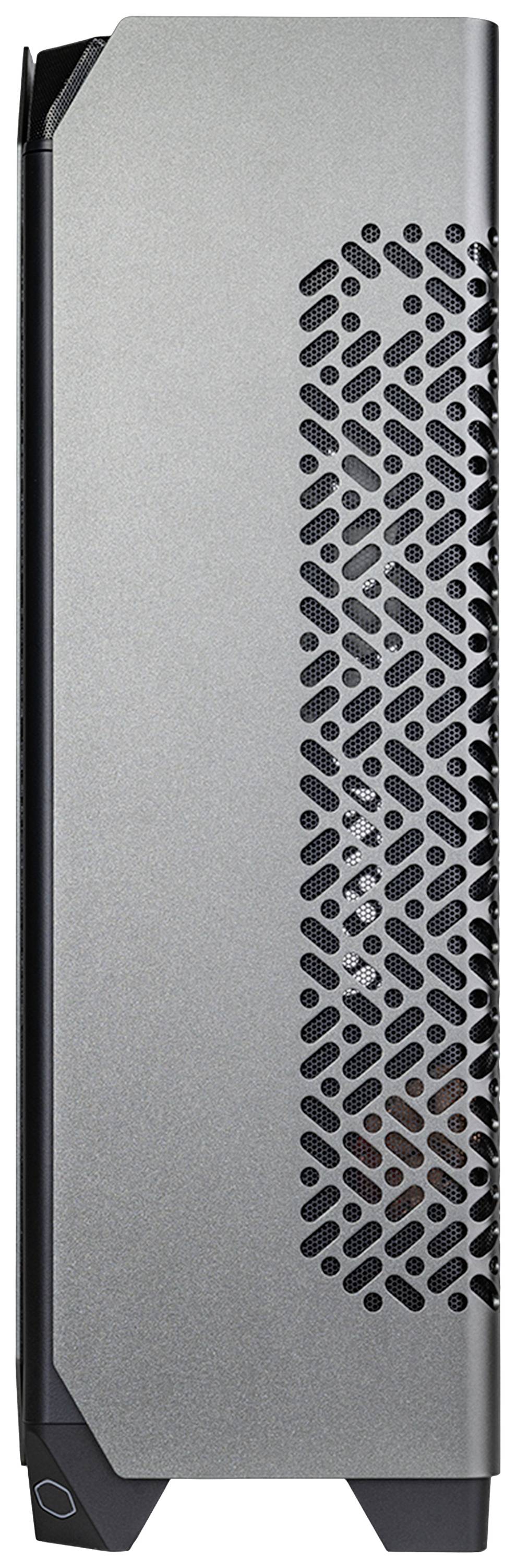 Ein dünnes Computergehäuse in Silber mit einem belüfteten Seitenteil für verbesserte Kühlung.