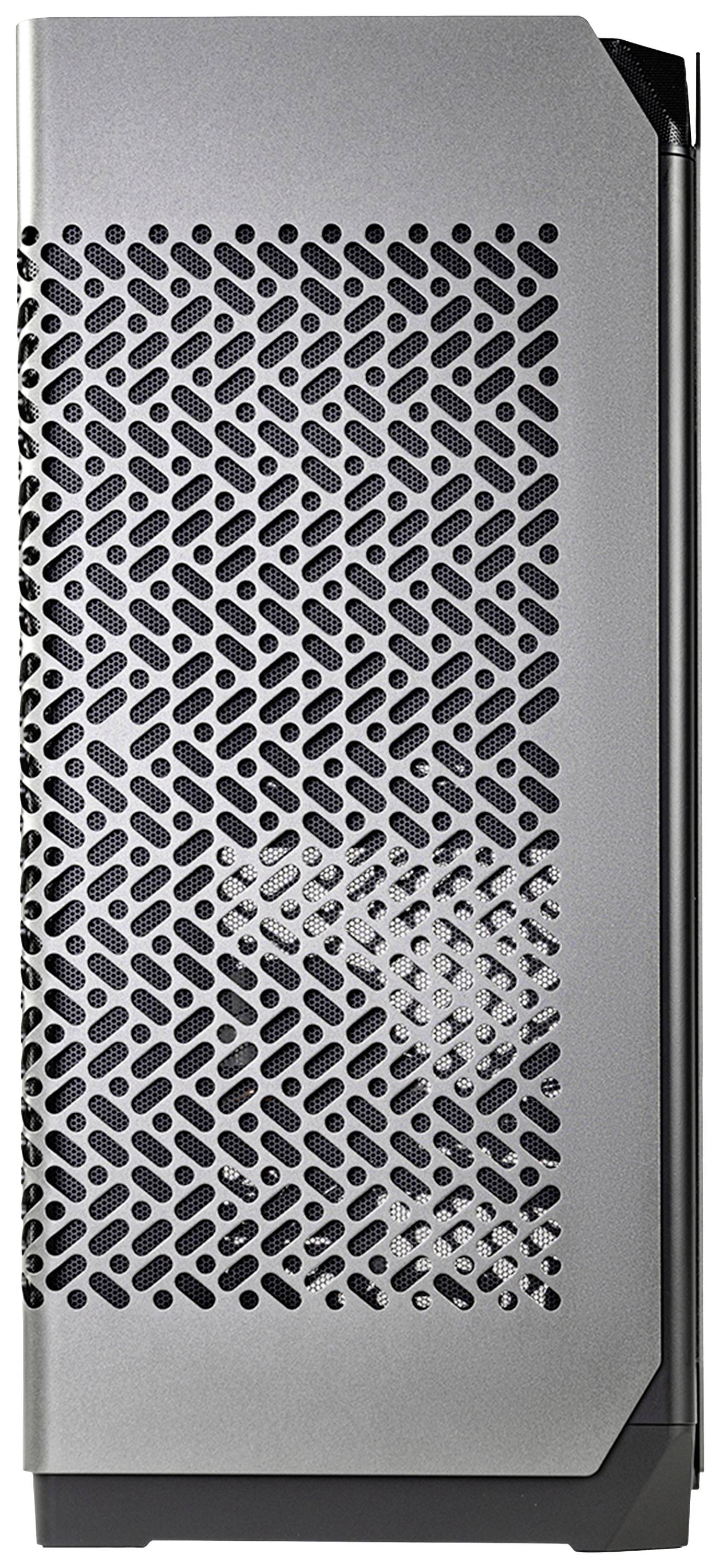 Ein grau-schwarzes Computergehäuse mit abgerundeten Ecken und einem perforierten Muster, das die Belüftung ermöglicht.