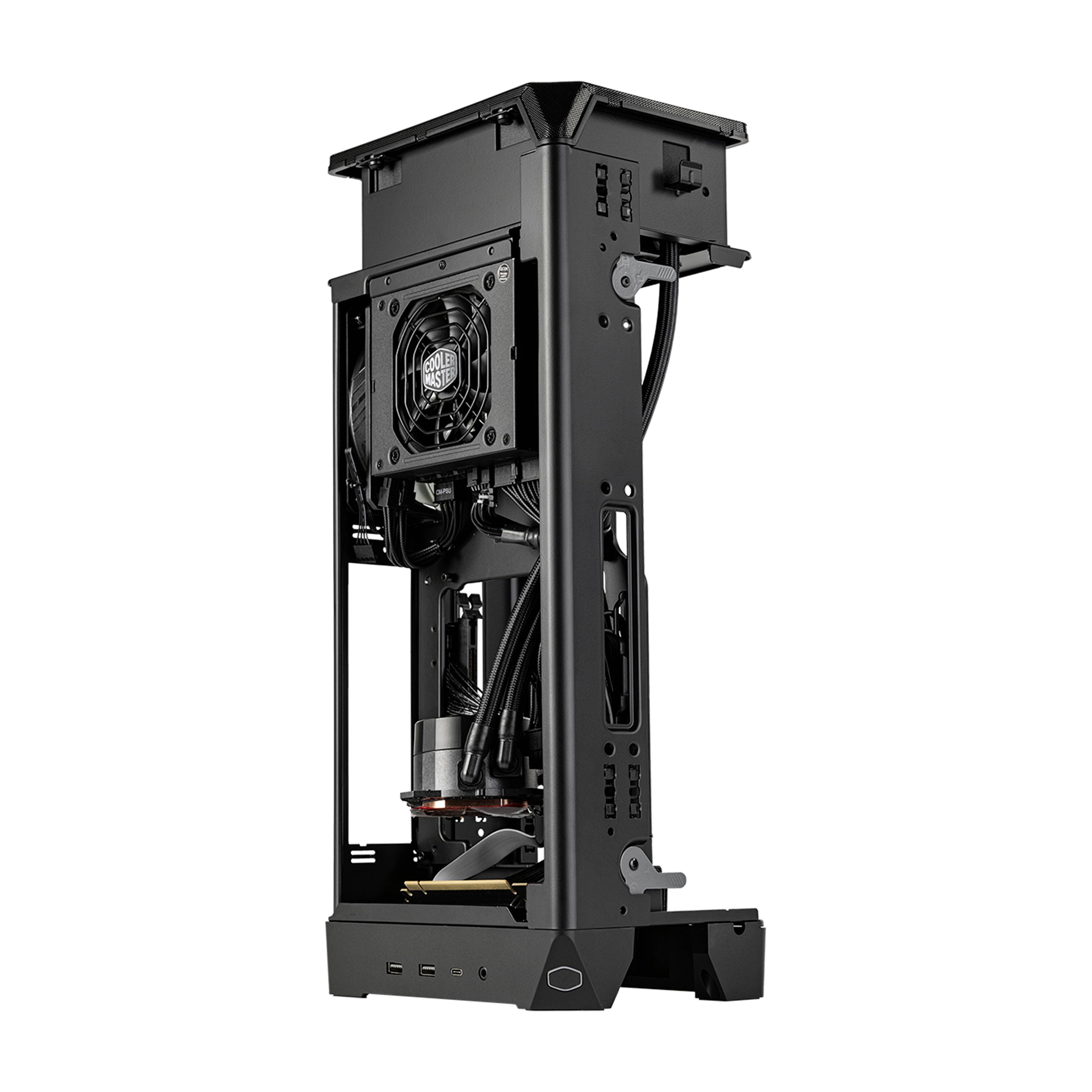 Schwarzes Mini-PC-Gehäuse im offenen Design mit sichtbaren Lüftern und Komponenten, geeignet für kompakte und kühlbare PC-Bauten.