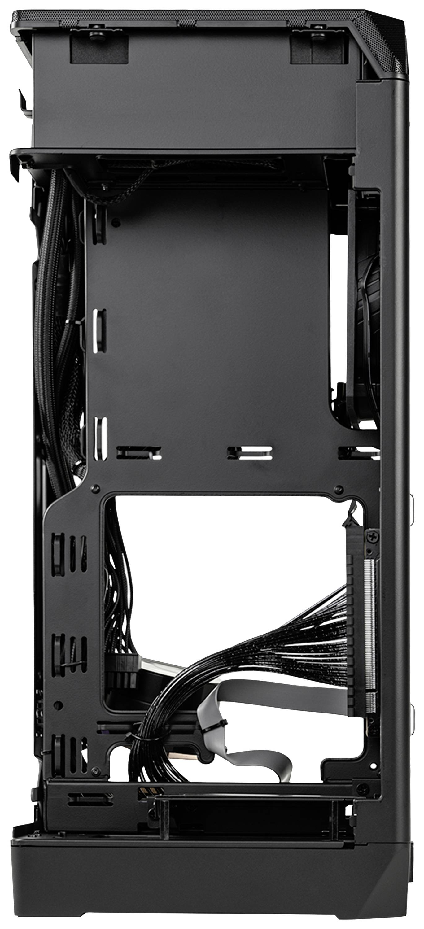 Schwarzes PC-Gehäuse von der Seite, leer, mit sichtbaren Kabelsträngen innen. Keine sichtbaren Komponenten oder Hardware.