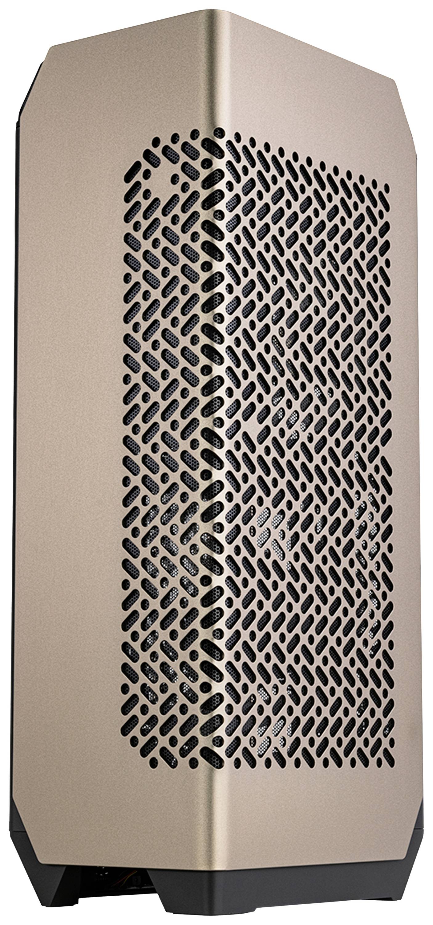 Ein stilvoller, bronzefarbener Computergehäuse-Tower mit hexagonalem Lüftungsgitter an der Seite, das für eine effektive Kühlung sorgt.