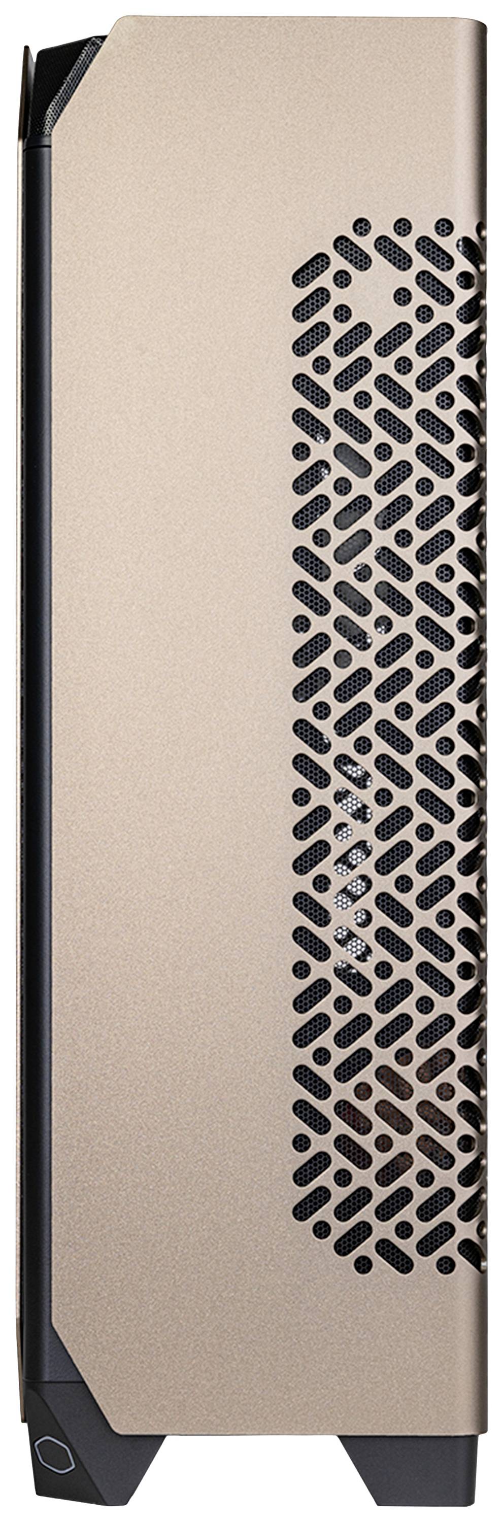 Beige Computergehäuse mit Belüftungsmuster aus diagonalen Löchern, steht aufrecht.