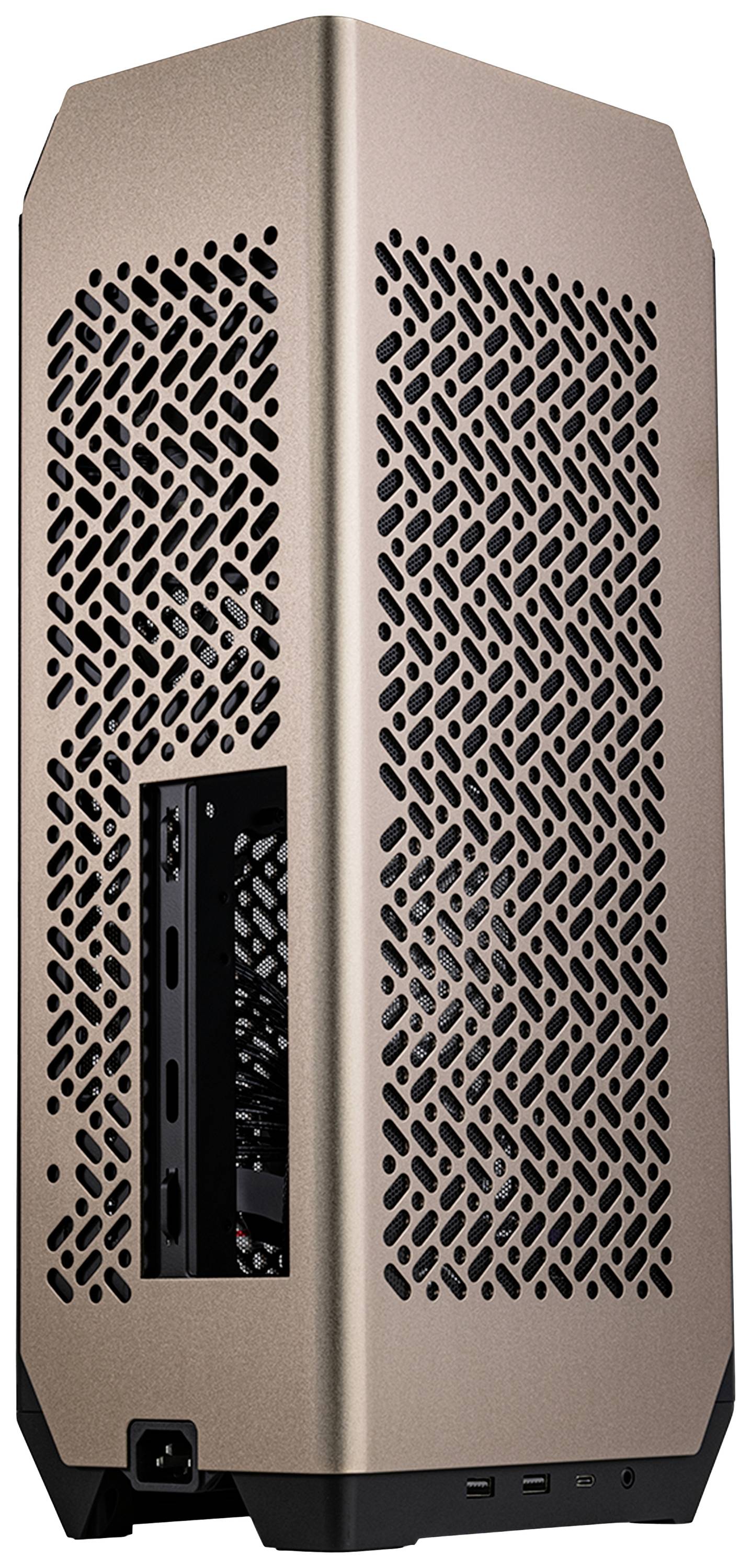 Ein bronze-farbenes PC-Gehäuse mit durchbrochenem Gitterdesign für Belüftung. Sichtbar sind Anschlüsse und das innere Lüftungssystem.