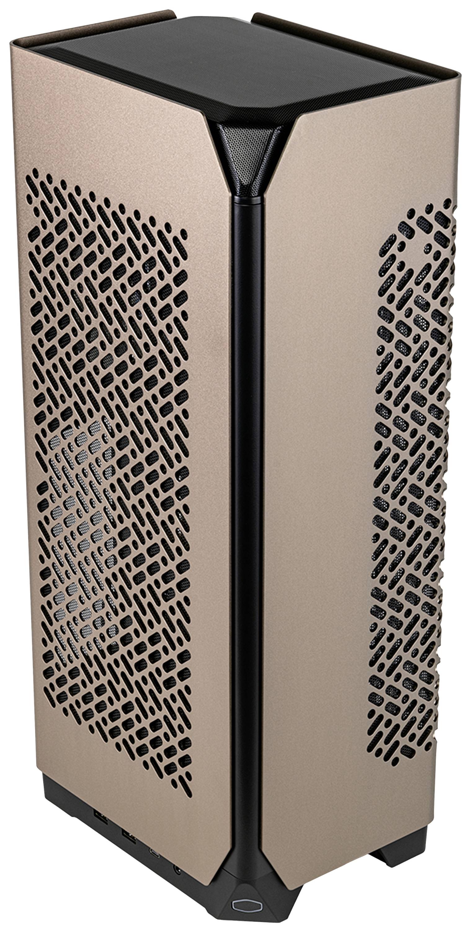 Ein Computergehäuse in vertikaler Position, metallic-bronzene Farbe, mit geometrischen Lüftungsschlitzen an den Seiten und einem schwarzen Oberteil.