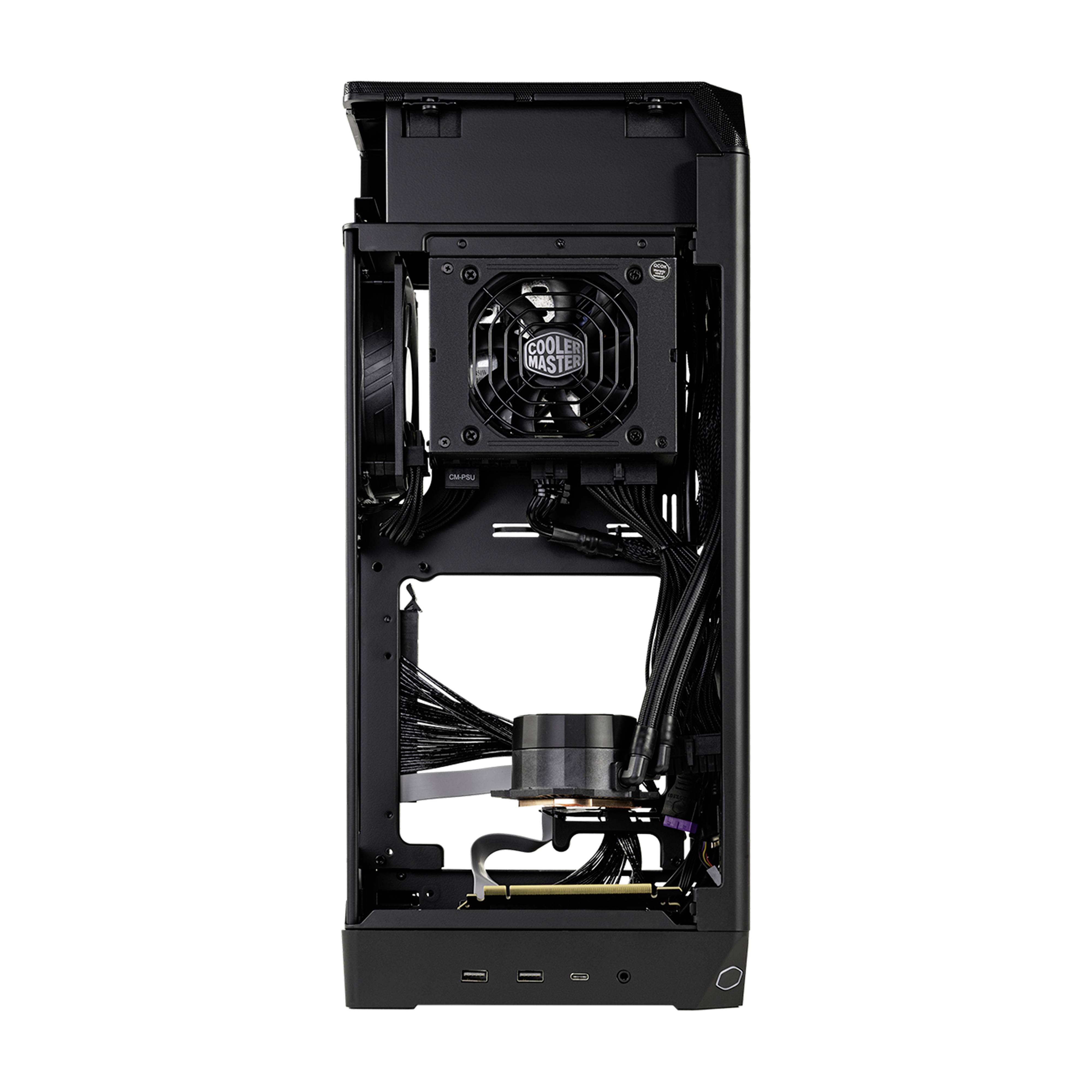 Ein Gaming-PC-Gehäuse von innen, zeigt Lüfter, Kabelmanagement und Hardware-Layout.
