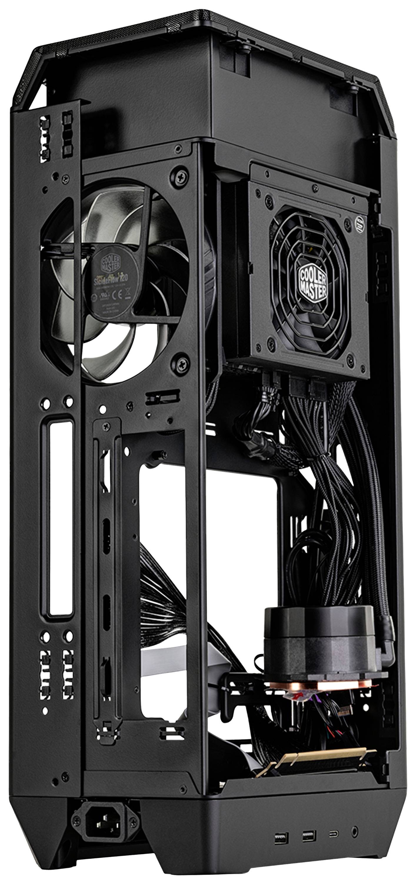 Offenes Computergehäuse mit sichtbarer Hardware und Kabelmanagement, Lüfter oben und Netzteil auf der Rückseite montiert.