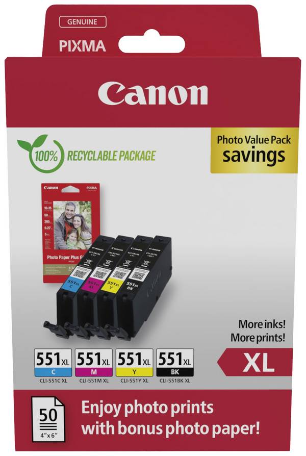 Canon Druckerpatrone CLI-551 XL Original Kombi-Pack Schwarz, Cyan, Magenta, Gelb 6443B008