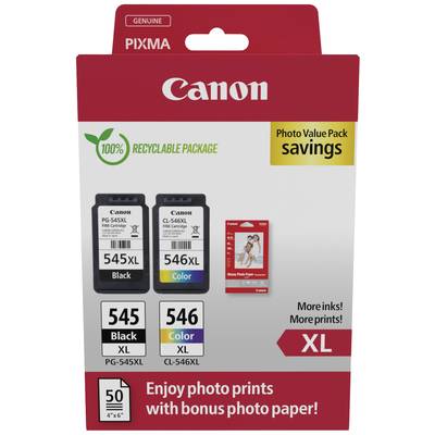 Canon Druckerpatronen-Set mit 545XL Schwarz und 546XL Farbe, 50 Fotopapierblätter enthalten. Verpackung ist recycelbar.