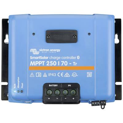 Blauer Solar-Laderegler mit der Aufschrift 'SmartSolar charge controller MPPT 250/70 - Tr' von Victron Energy. Anschlüsse unten.