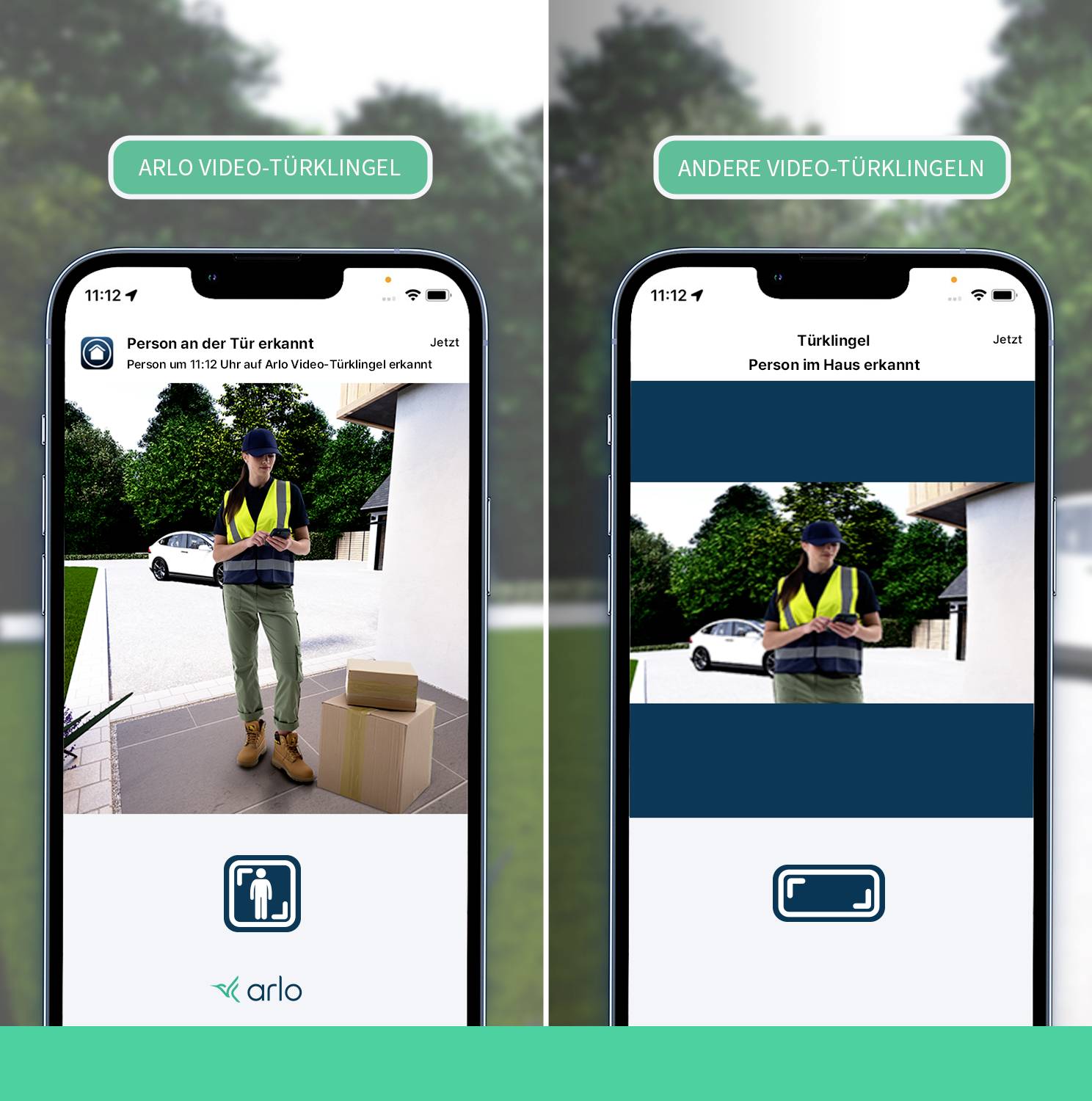 Das Bild zeigt zwei Smartphones mit Kameraansichten von Türklingeln. Links: 'Person an der Tür erkannt', eine Person und Pakete sichtbar. Rechts: 'Person im Haus erkannt', die gleiche Person unsichtbar.