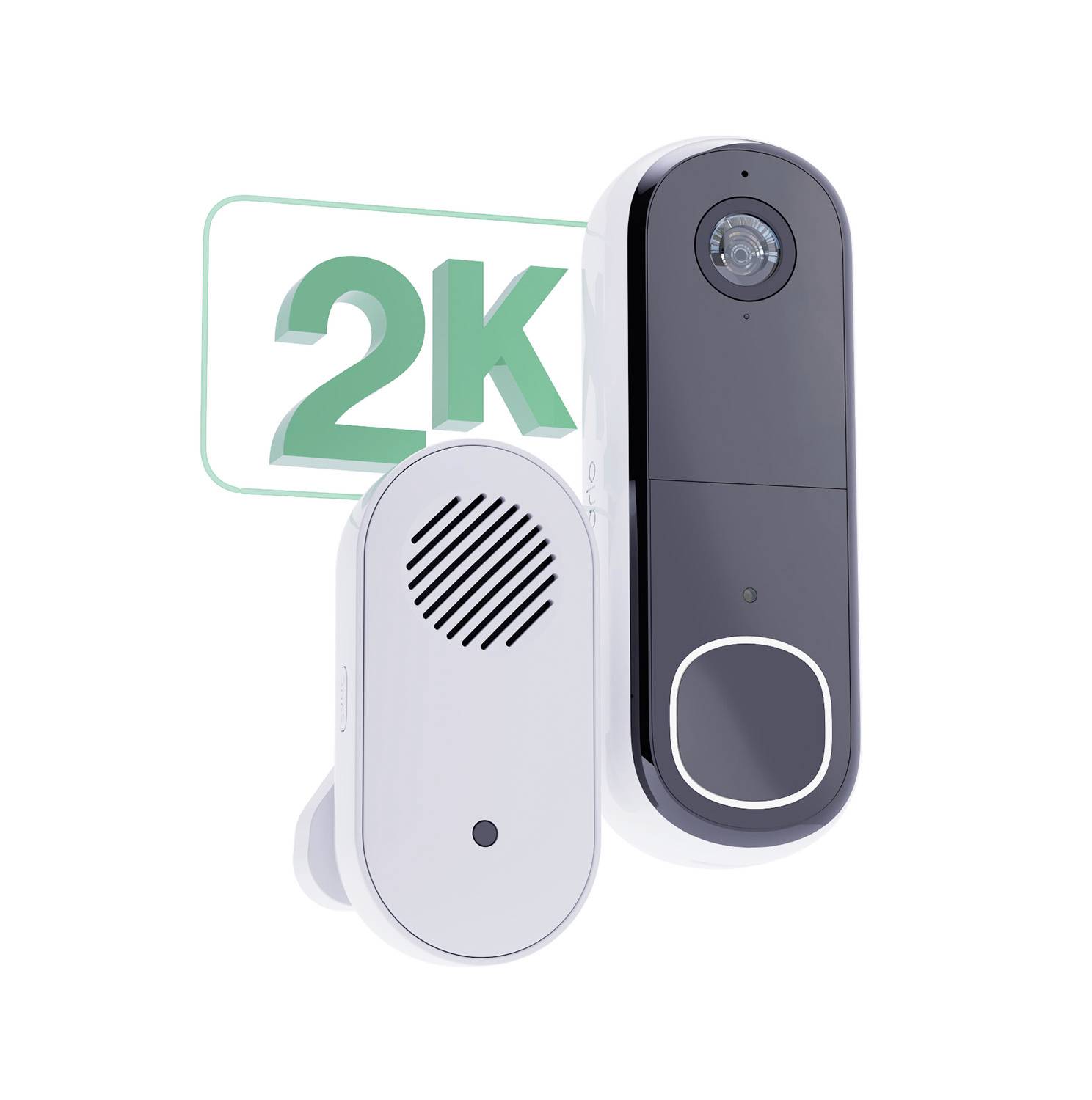 Kabellose Türklingel in 2K-Qualität; zeigt Vorder- und Rückansicht. Links Lautsprecher, rechts Kamera mit Knopf.