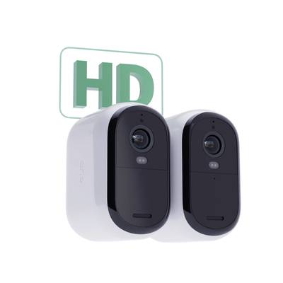 Zwei drahtlose Sicherheitskameras mit HD-Qualität, zeigen frontal die Objektive und Sensoren. 'HD' ist im Hintergrund sichtbar.