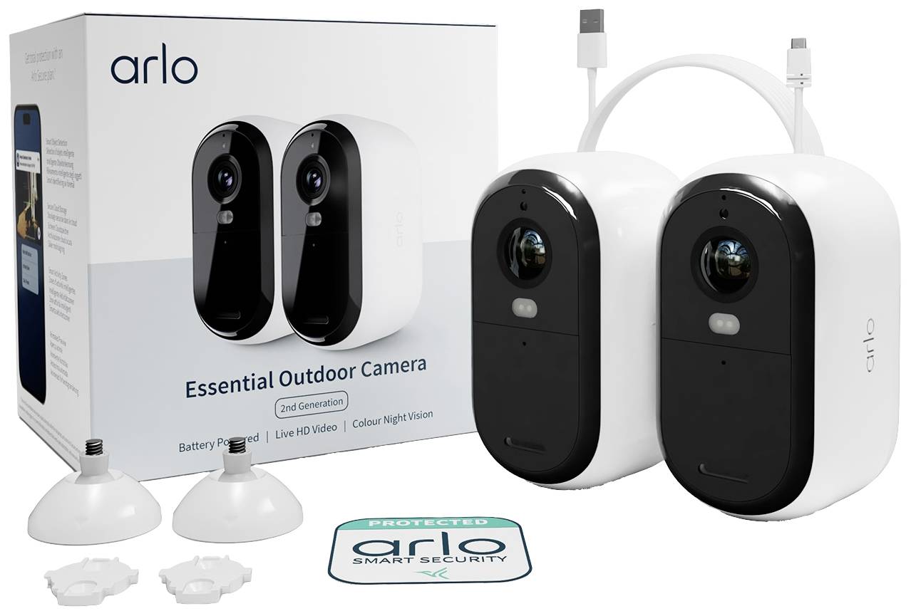 'Arlo Essential Outdoor Camera, 2. Generation' mit zwei Kameras, Zubehör und Schachtel. Merkmale: kabellos, Nachtsicht, HD-Video.