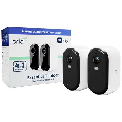 Überwachungskameraset 'Arlo Essential Outdoor' mit zwei 2K-Kameras und 130° Weitwinkel, abgebildet neben Verpackung.