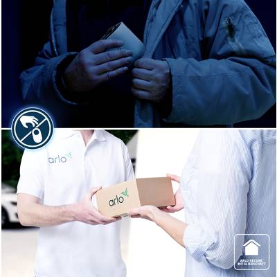 Das Bild zeigt oben eine Person in dunkler Kleidung, die ein Schloss hält, und unten zwei Personen, die ein Paket mit dem 'arlo'-Logo übergeben.