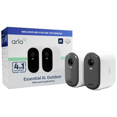 'Verpackung einer Überwachungskamera-Arlo Essential XL Outdoor 2K', zeigt eine Kamera und die Produktverpackung mit Details zur Kamera.