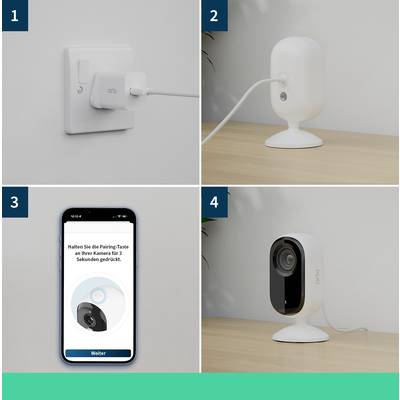 'Installationsanleitung für Arlo Kamera: 1. Arlo Netzteil in Steckdose einstecken. 2. Kamera mit Strom verbinden. 3. Pairing-Taste 3 Sekunden gedrückt halten. 4. Kamera einsatzbereit.'