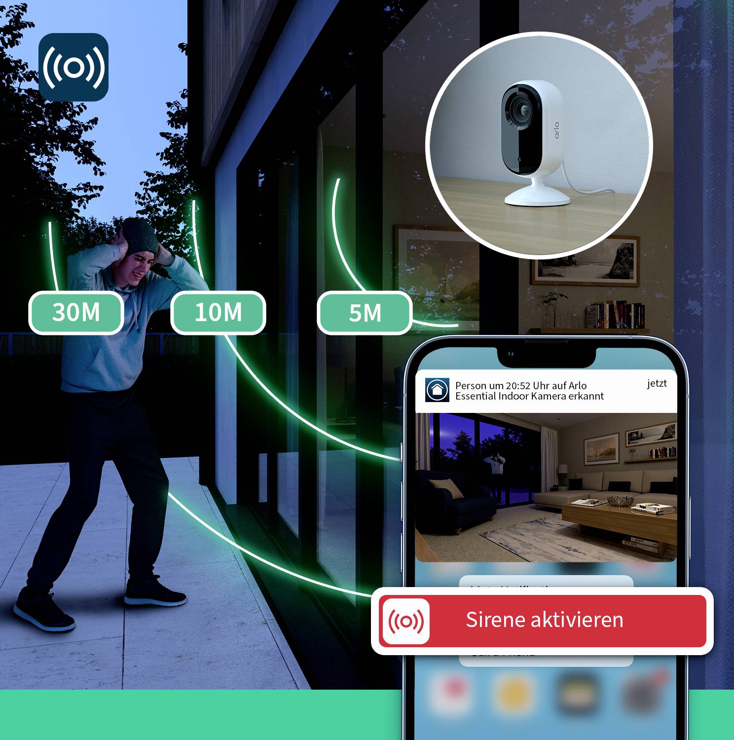 Eine Kamera erkennt eine Person vor einem Haus in 30 Metern Entfernung und sendet eine Benachrichtigung auf ein Smartphone.