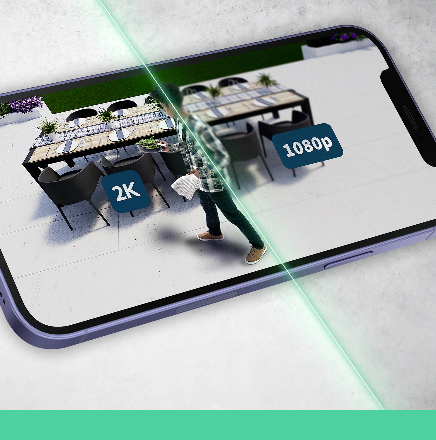 Ein Smartphone-Bildschirm zeigt eine Person an einem gedeckten Tisch. Die Bildqualität wechselt von 1080p zu 2K, betont durch grüne Linie.