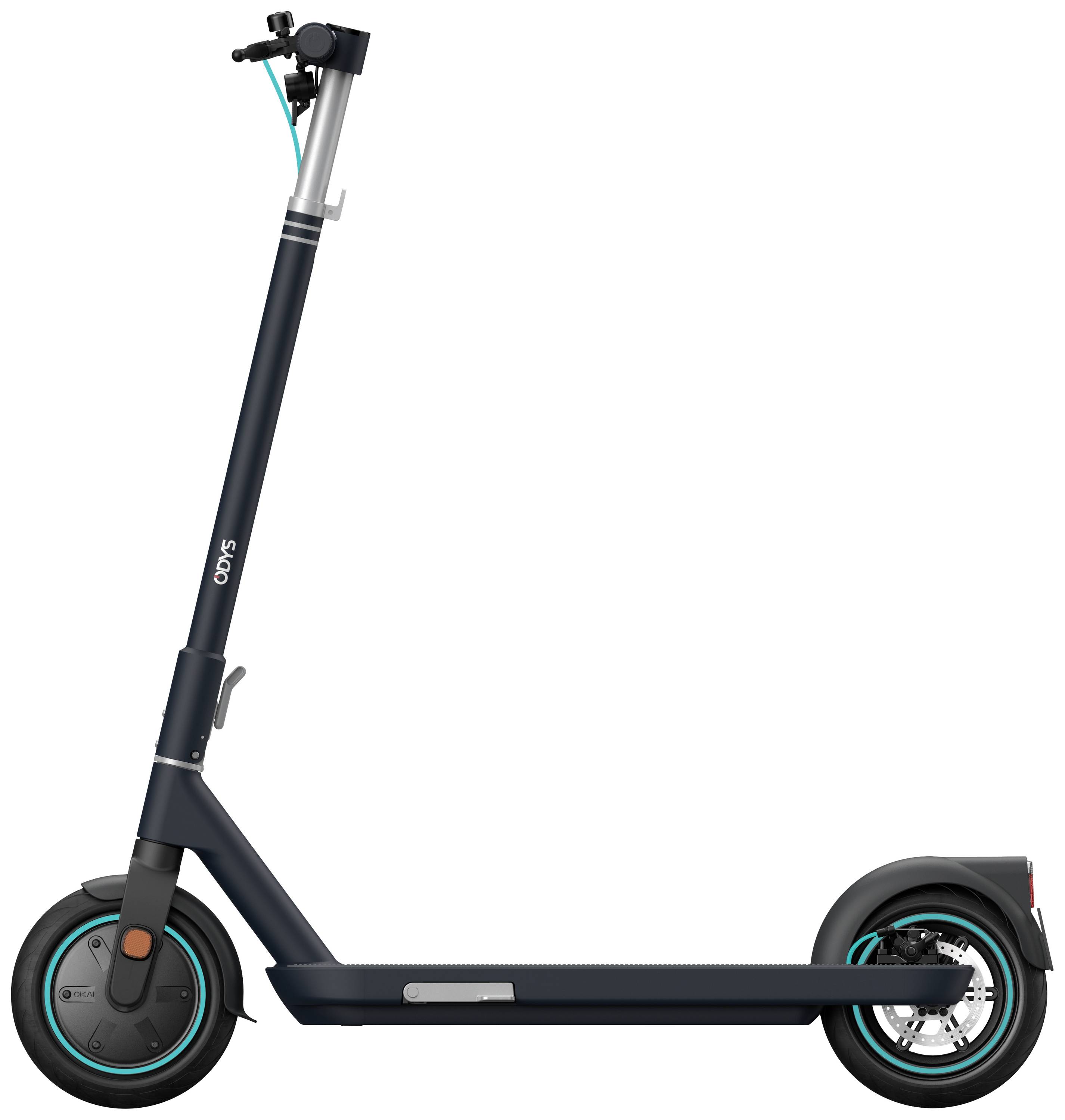 Elektroroller in Seitenansicht mit schwarzem Rahmen und türkisfarbenen Akzenten, geeignet für städtische Kurzstreckenfahrten.