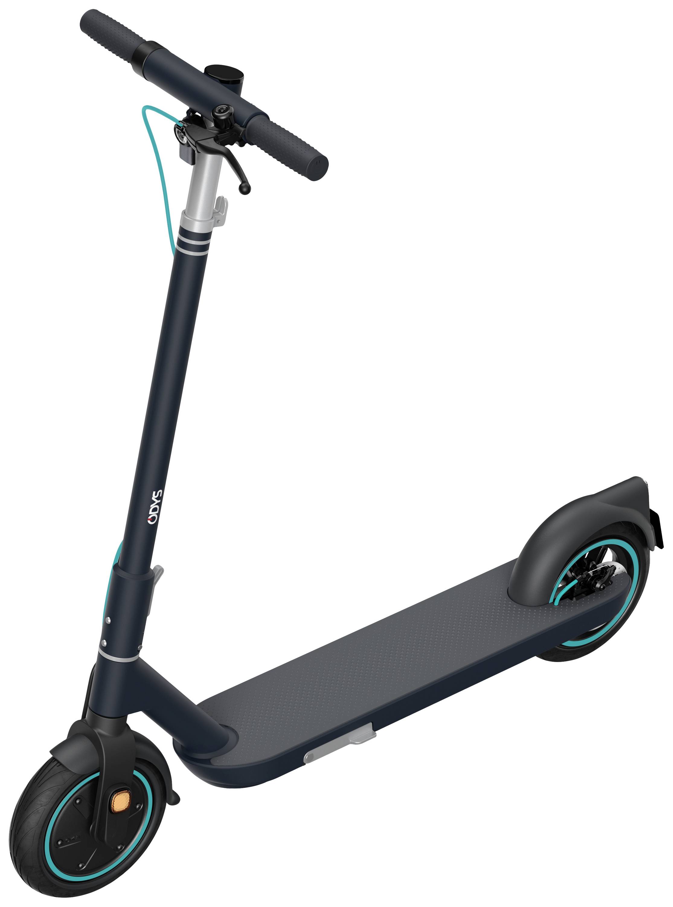 Ein schwarzer E-Scooter steht schräg, mit blauem Kabel an den Griffen und blau hervorgehobenen Rädern.