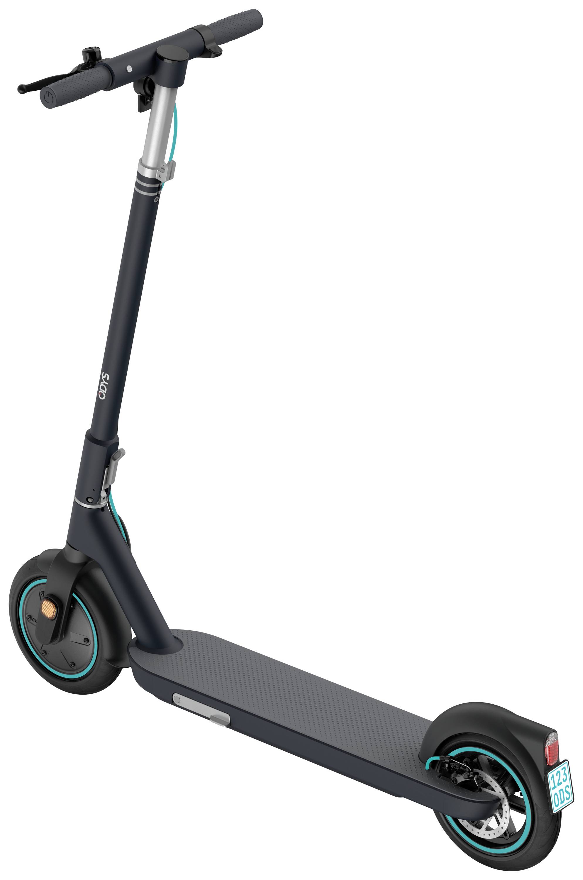 Elektroroller mit schwarzem Rahmen, türkisfarbenen Akzenten und Nummernschild, abgebildet auf weißem Hintergrund.