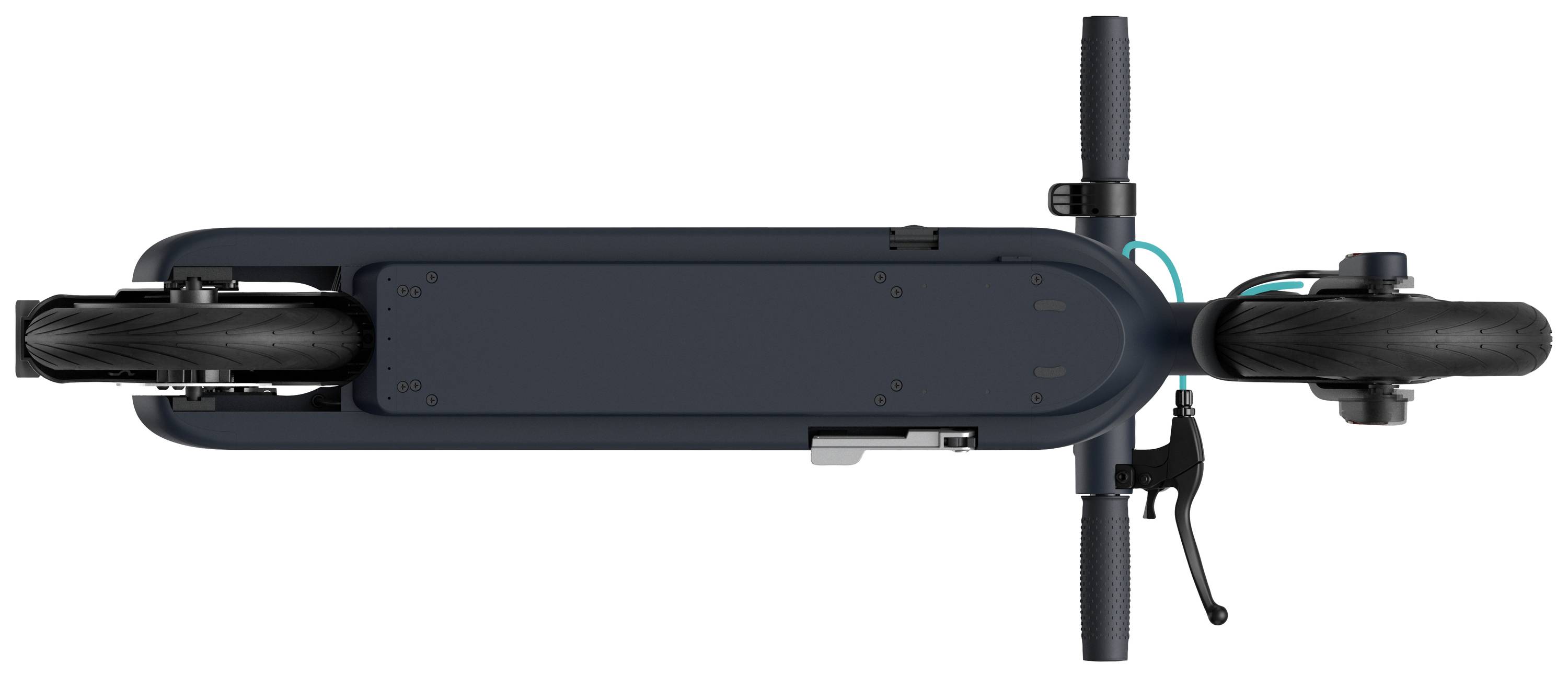 E-Scooter von oben, zeigt das schmale Design und die Ausrichtung von Rädern, Griffen und Bremshebel.