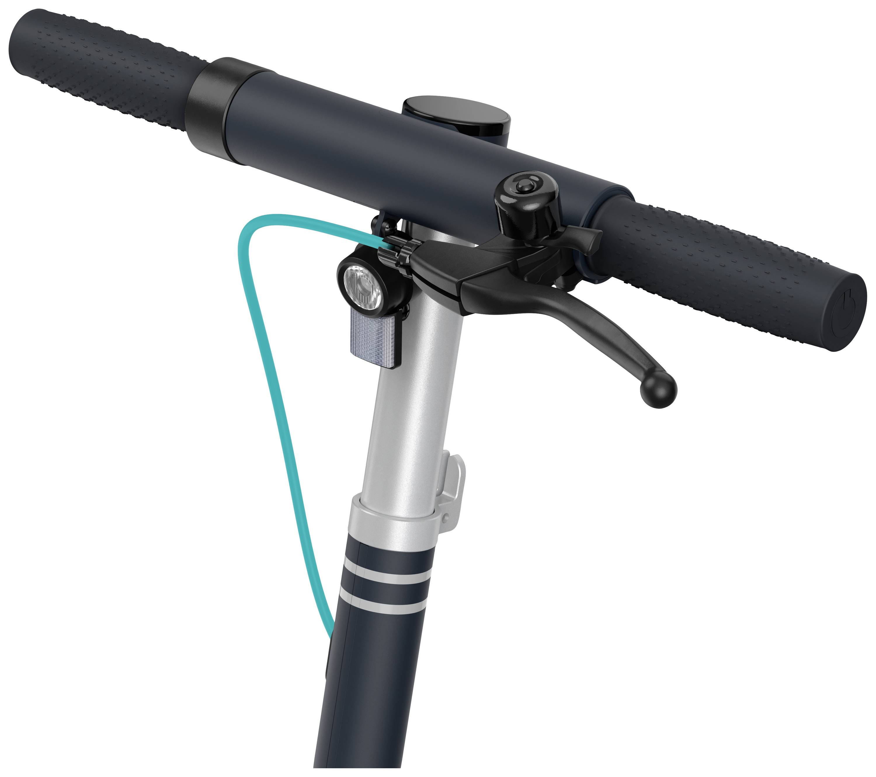 Lenker eines E-Scooters mit Bremshebel und Klingel, Kabel und Lampen sichtbar.