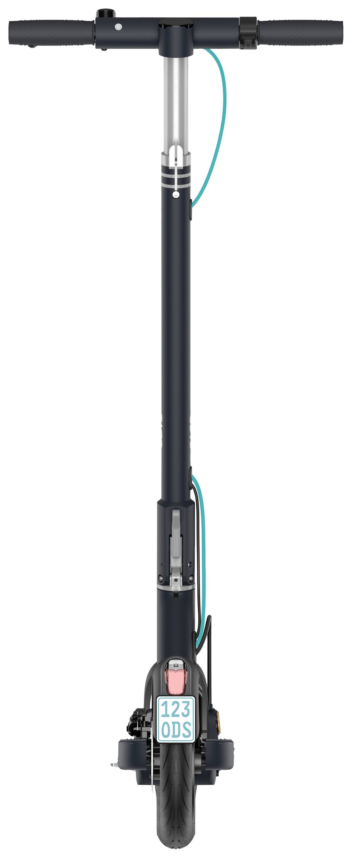 Schwarzer Elektroroller von vorne, mit blauem Kabel und Nummernschild '123 ODS'.