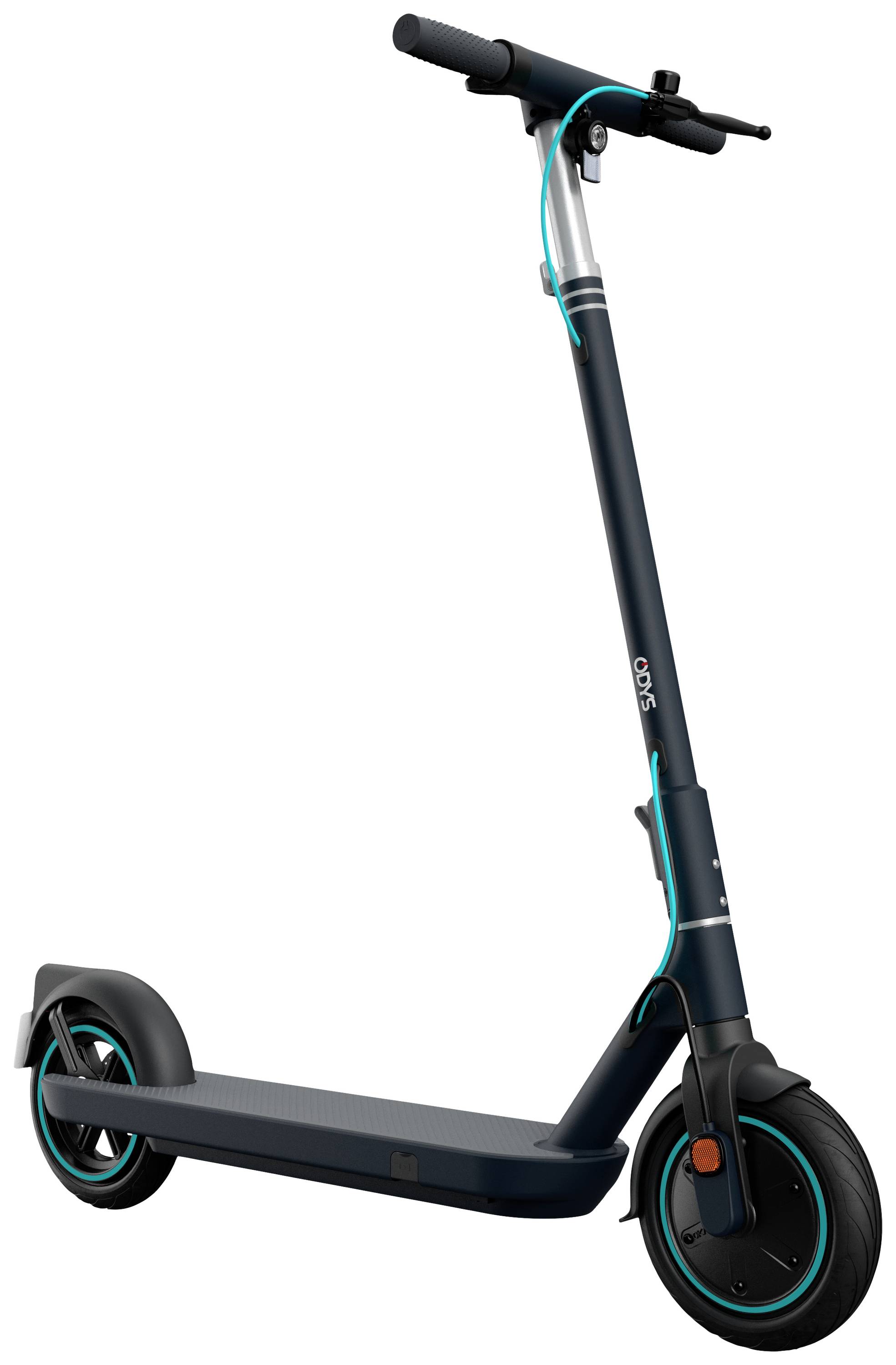 Ein elektrischer Roller mit schlankem, schwarzem Design und türkisfarbenen Akzenten steht aufrecht. Klares Lenkrad und große Räder.