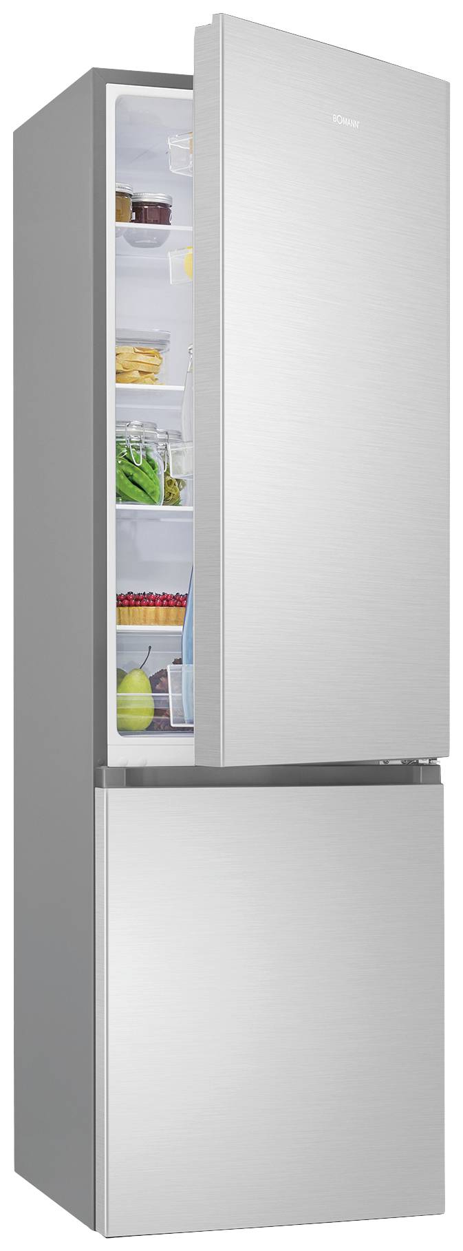 Ein silberner Kühlschrank mit geöffnetem oberen Teil, zeigt Lebensmittel wie Gemüse und Flaschen. Der Gefrierteil unten ist geschlossen.