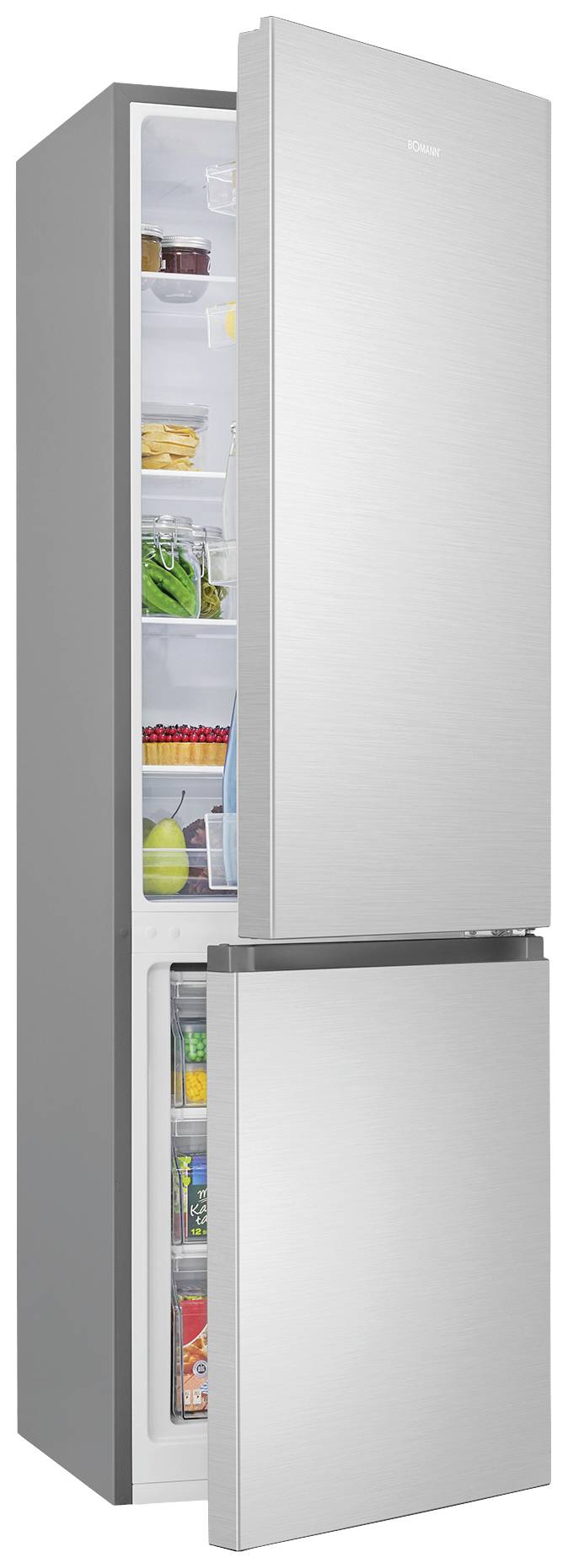 Ein silberner Kühlschrank mit geöffneter Tür zeigt innen mehrere Lebensmittel wie Obst, Gemüse und Getränke. Oberer Bereich hat Tiefkühlfächer.